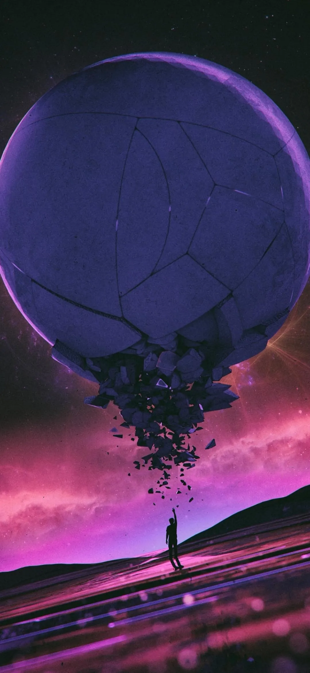 Man Under a Crumbling Celestial Sphere in Purple Sky