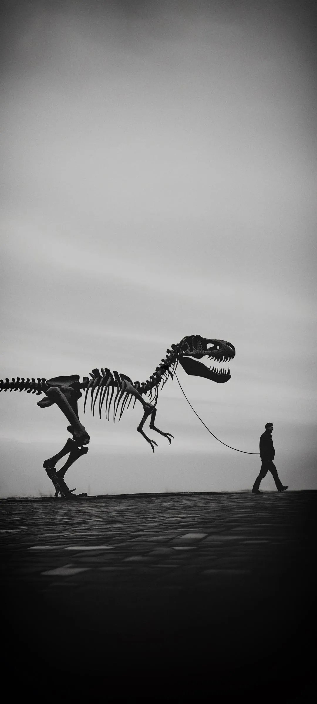 Man Walking Dinosaur Skeleton in Surreal Landscape