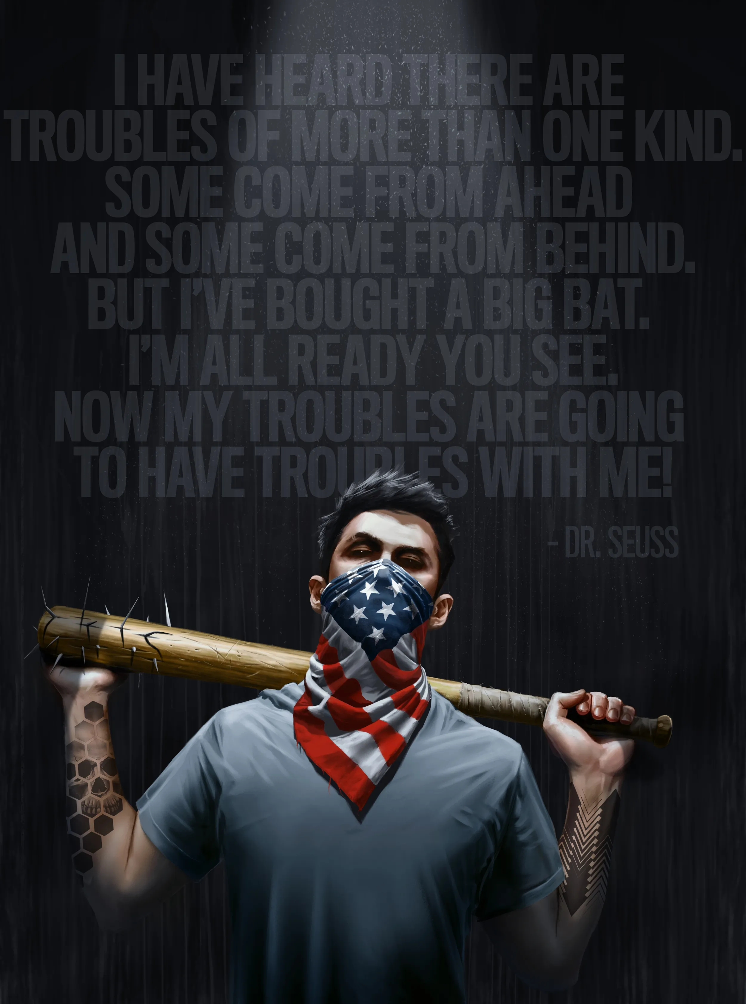 Masked Person Holding Baseball Bat with Dark Background