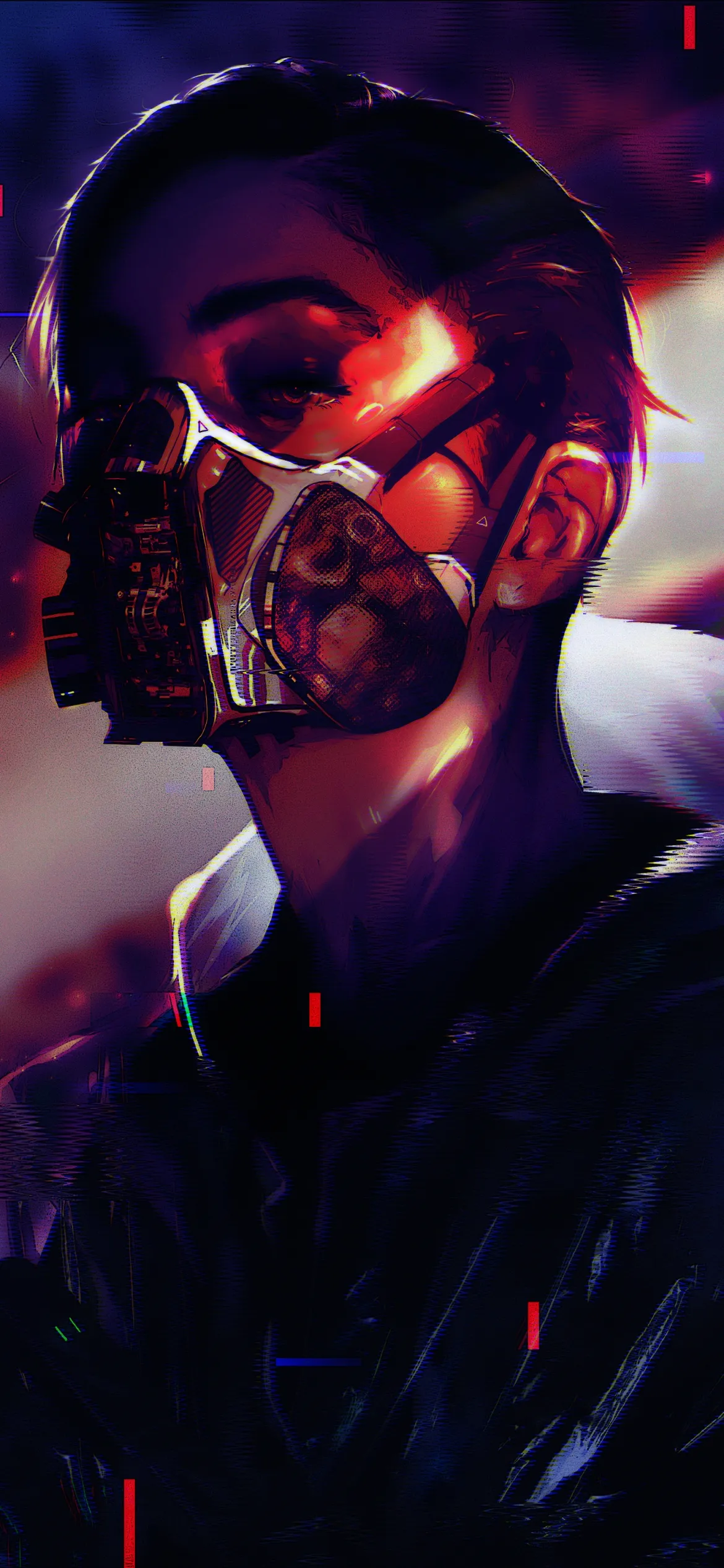 Masked Person with Digital Neon Face Art in Dark Setting