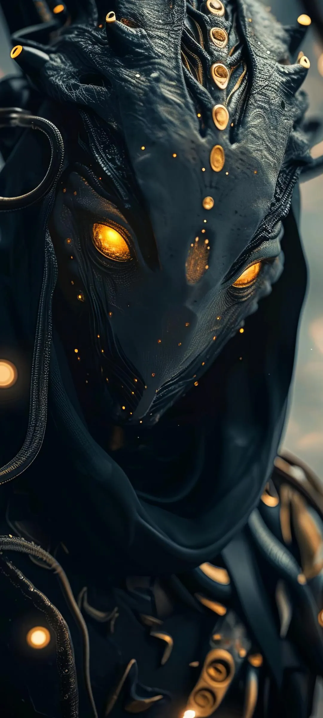 Mechanical Alien Armor Head with Glowing Orange Eye