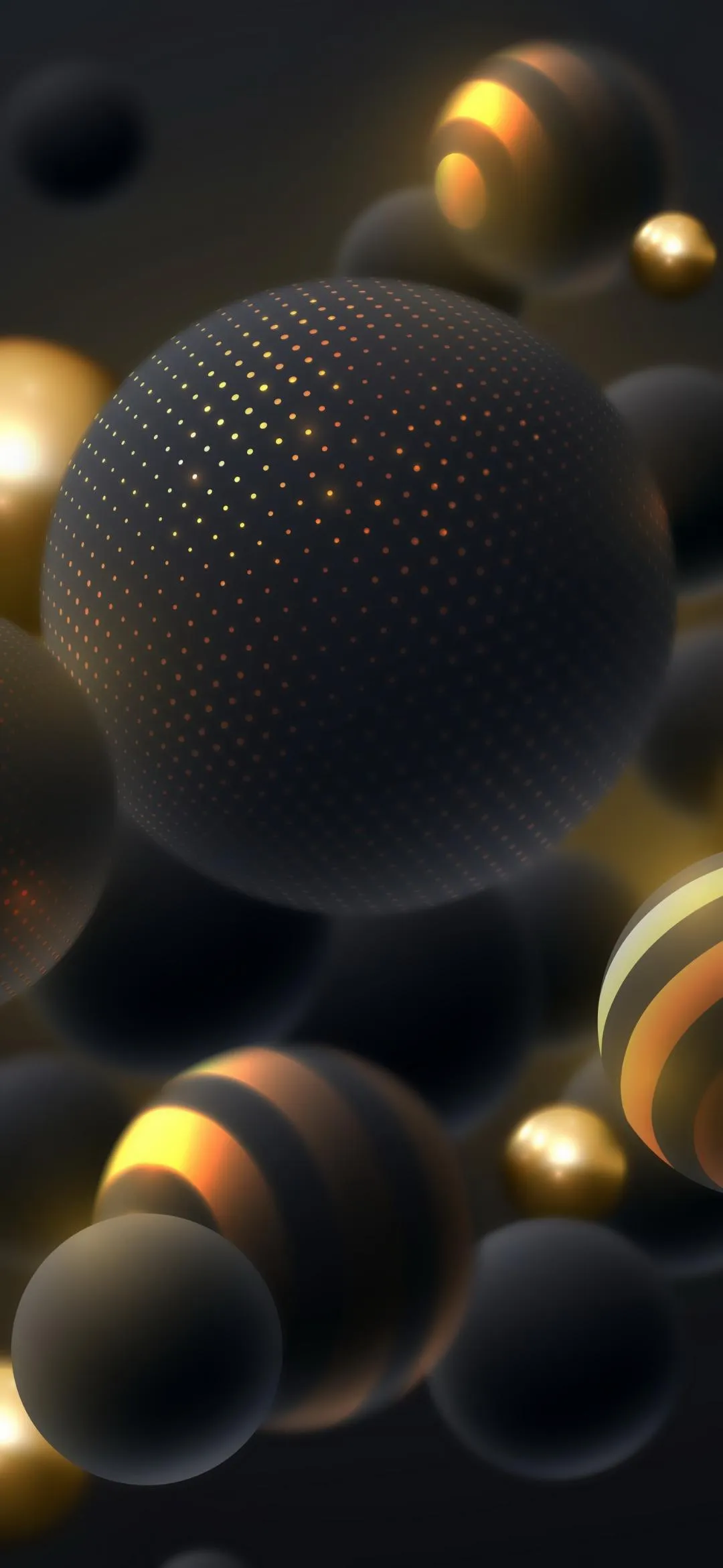 Metallic Spheres in Futuristic Golden 3D Abstract Wallpaper