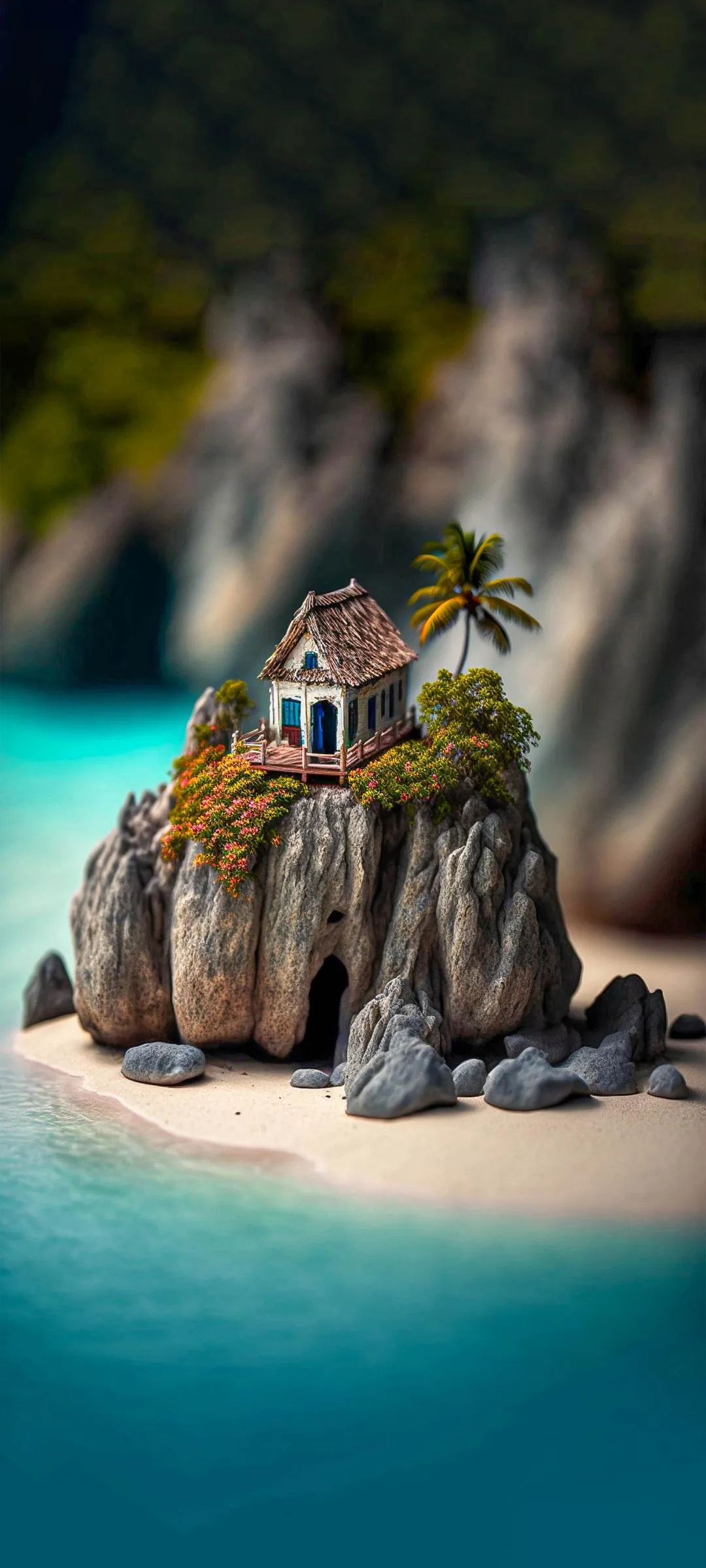 Mini Island With Tree and Hut in Blue Ocean Peaceful Art