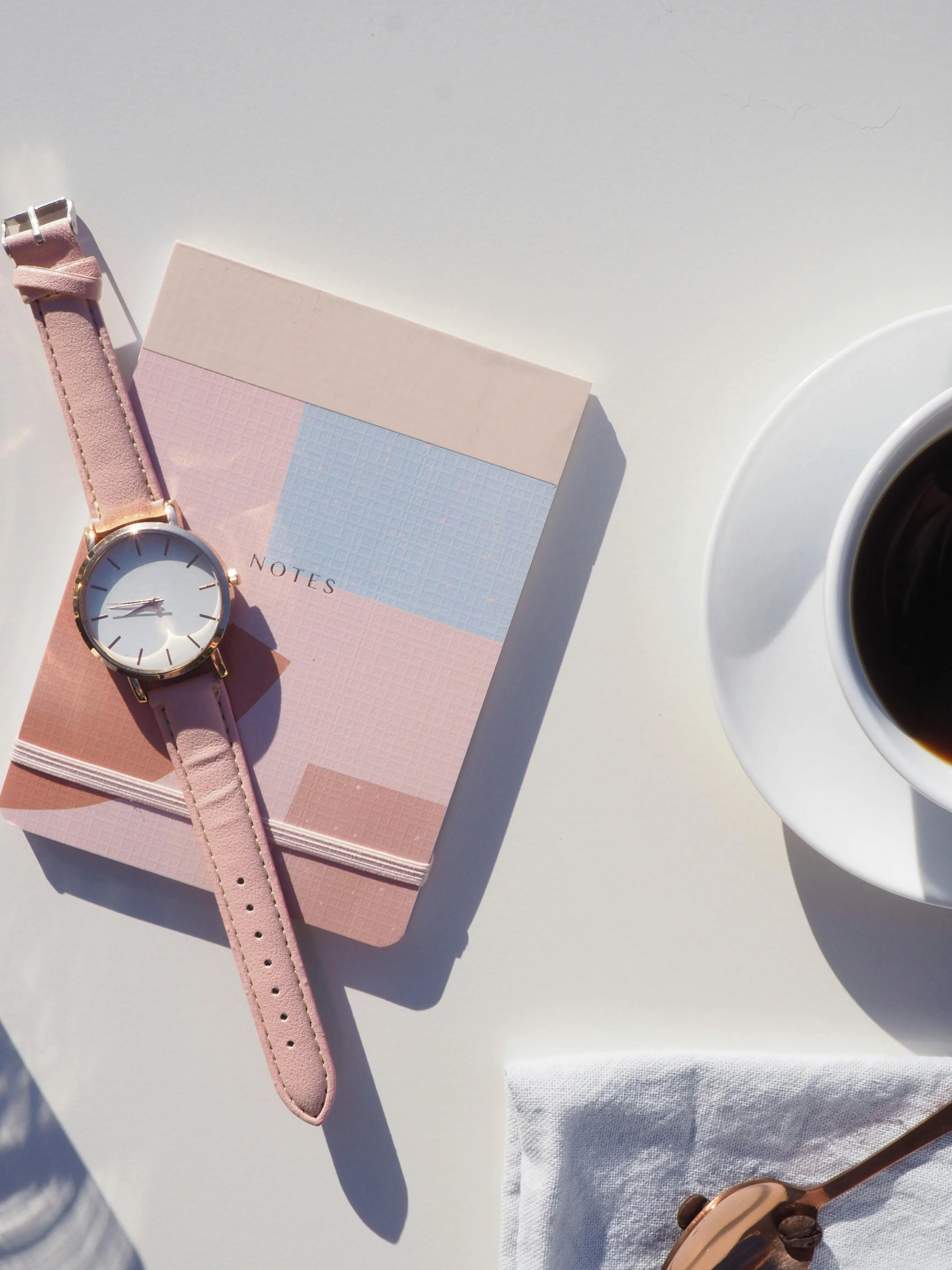 Minimal Desk Flatlay with Watch and Coffee Cup Wallpaper