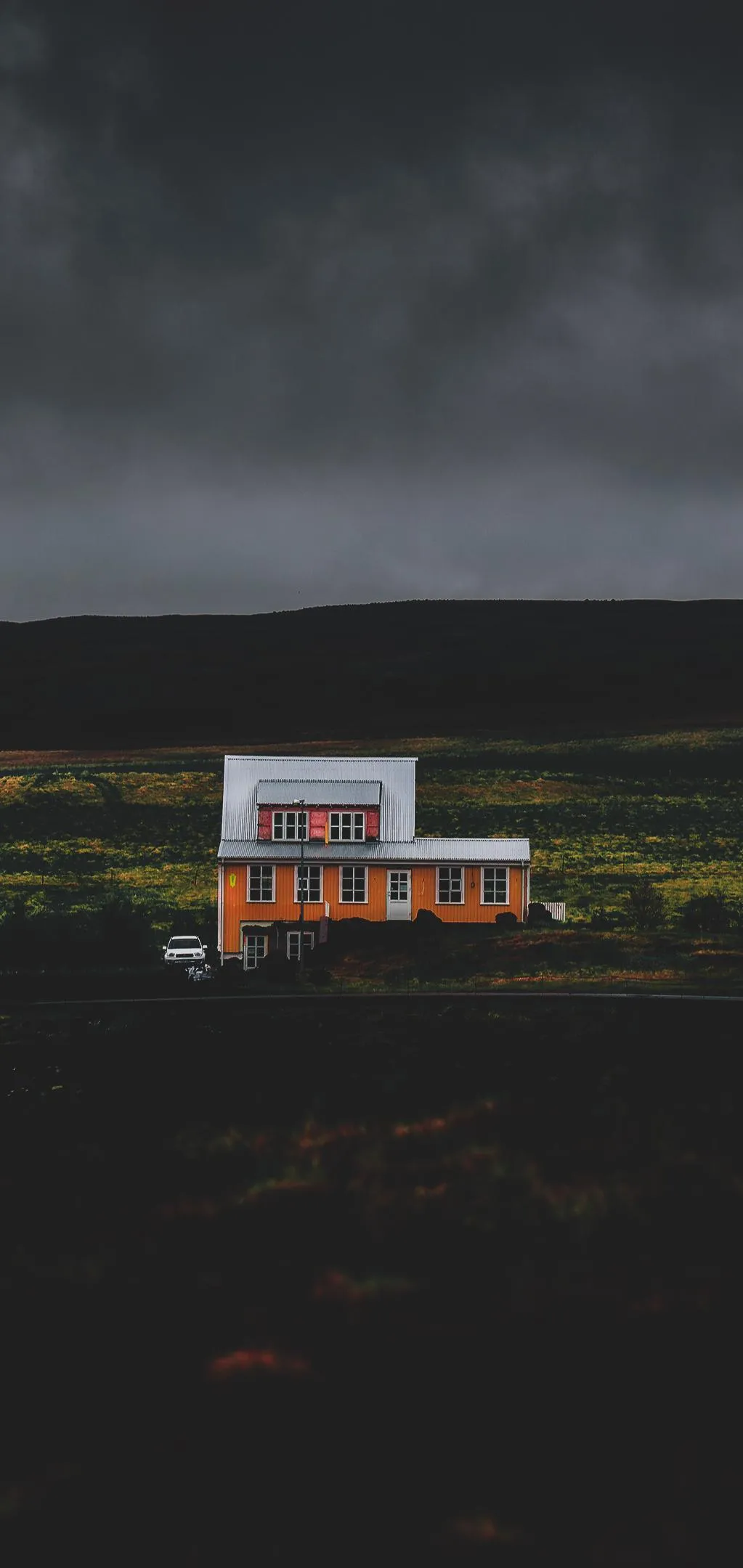 Minimal House Scene with Dark Moody Rainy Sky View