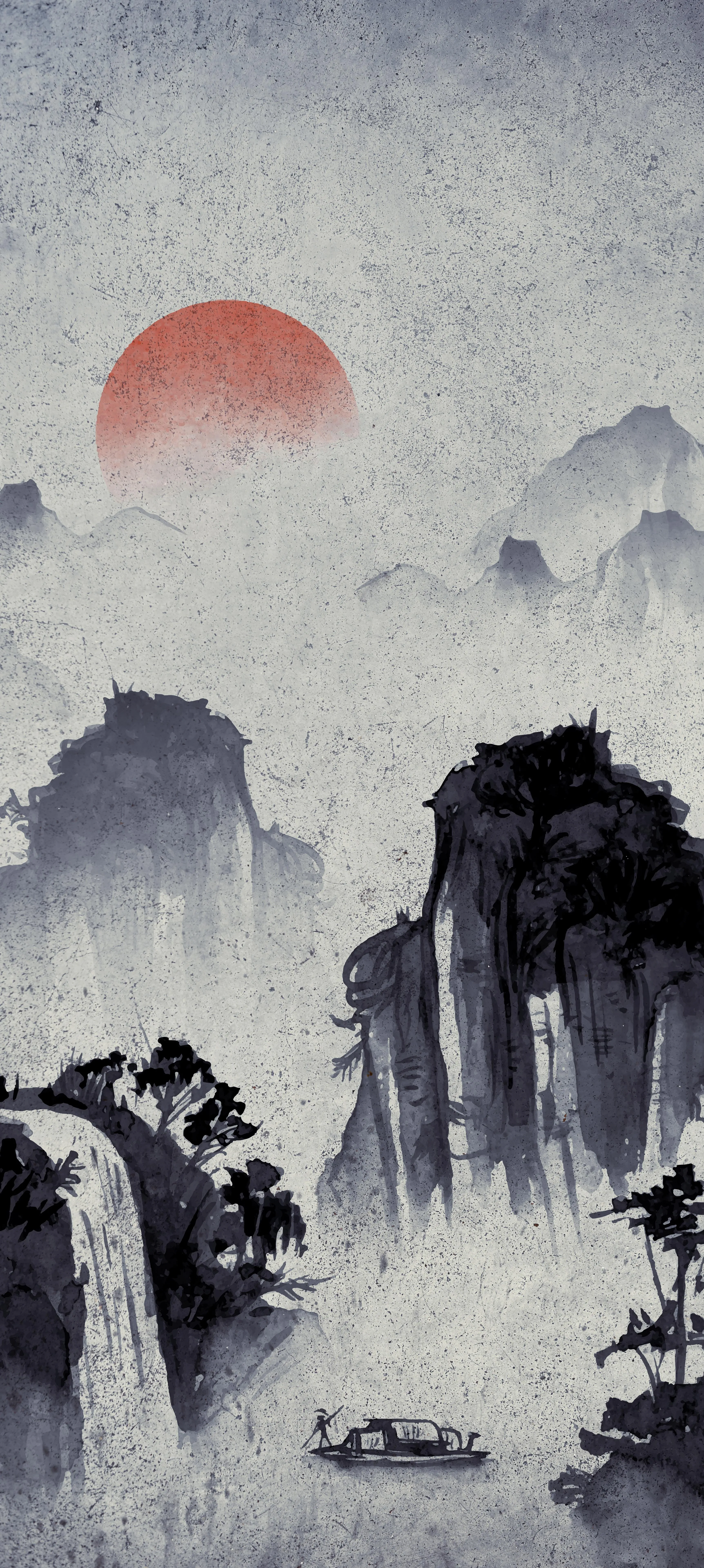 Minimal Japanese Art with Sun and Mountains Wallpaper