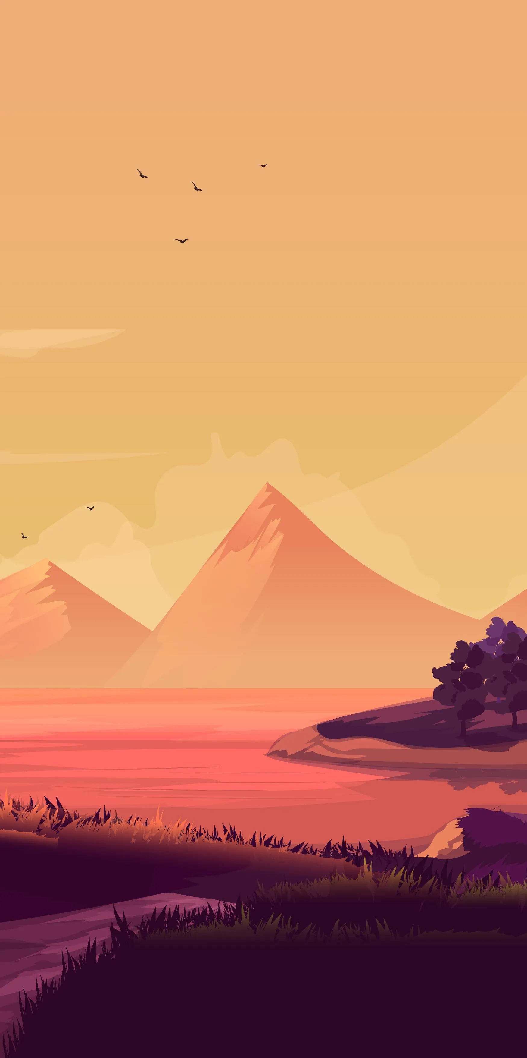 Minimal Landscape Mountains In Warm Orange Sunset Tone