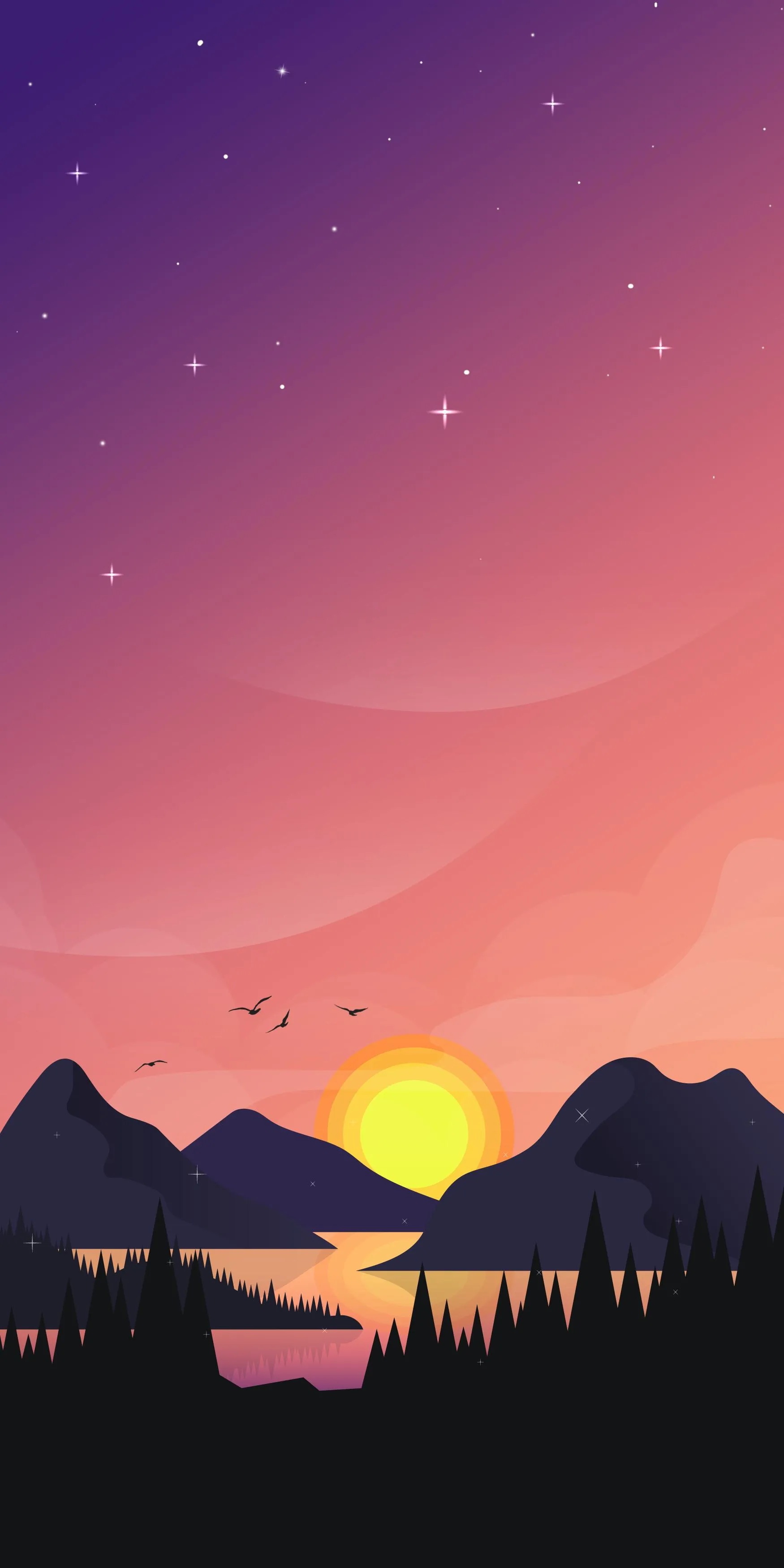 Minimal Landscape with Mountains and Orange Sunset