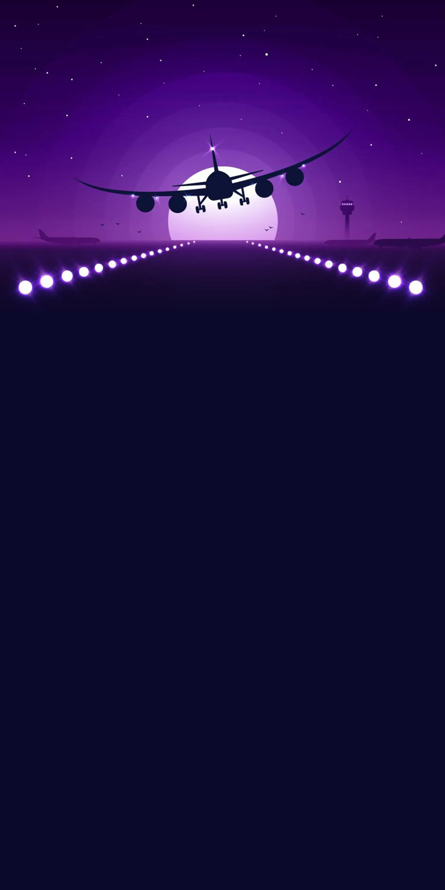 Minimal Purple Sky with Airplane in Night Horizon Wallpaper