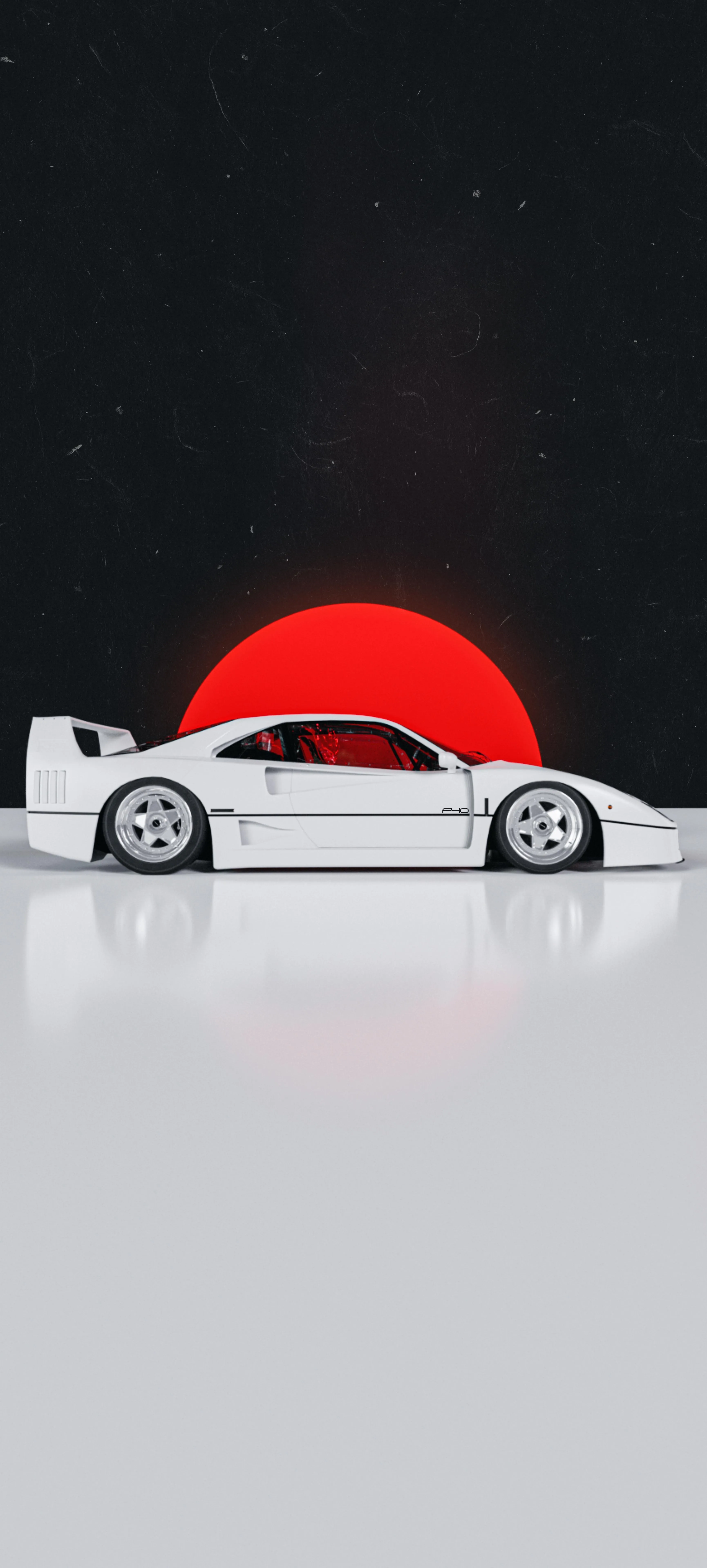 Minimal Red Sun Behind Retro White Car in Clean Space