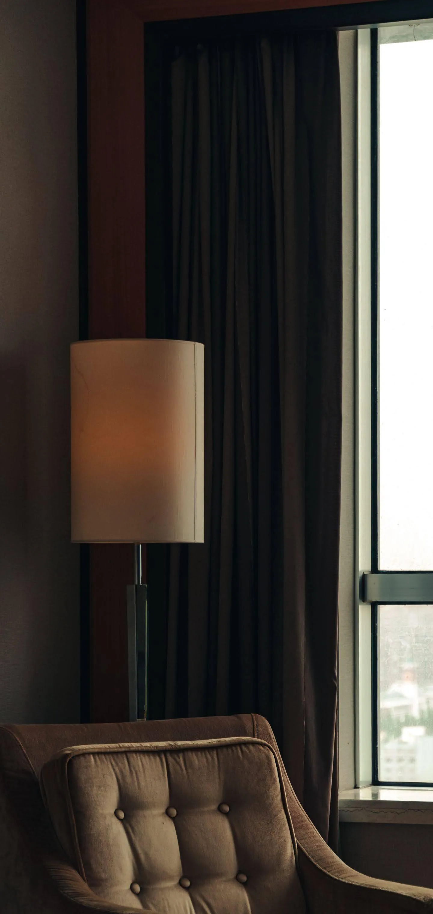 Minimal Room Interior with Lamp and Dark Drapes Wallpaper