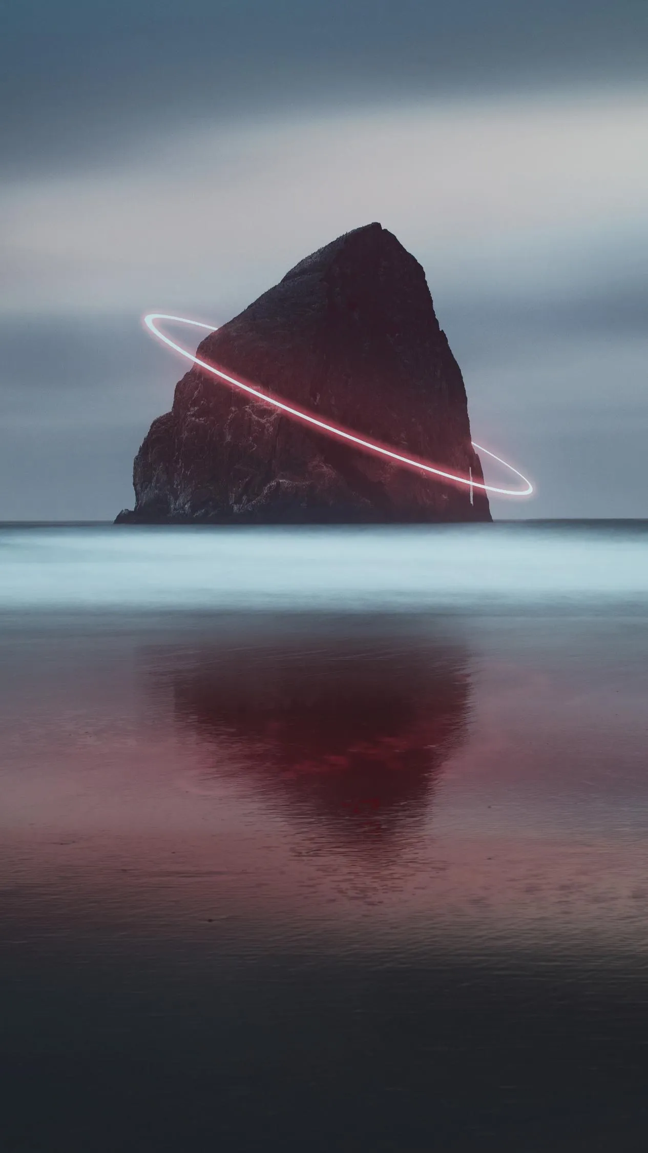 Misty Landscape with Red Mountain and Blue Water Wallpaper