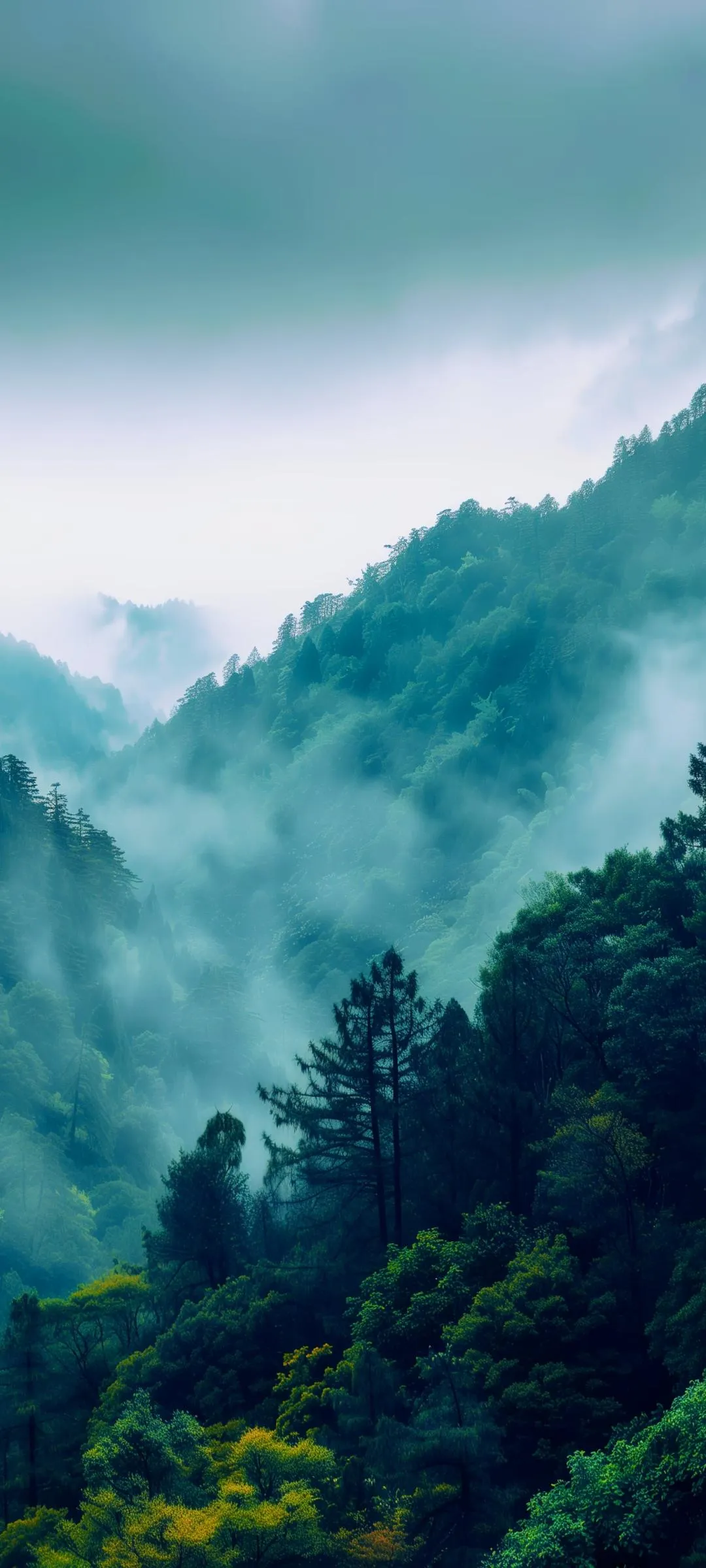 Misty Mountain Range with Lush Greenery and Clouds