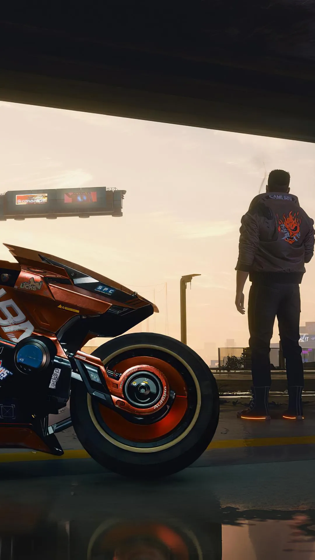 Modern Motorbike in Garage with Bright Orange Light