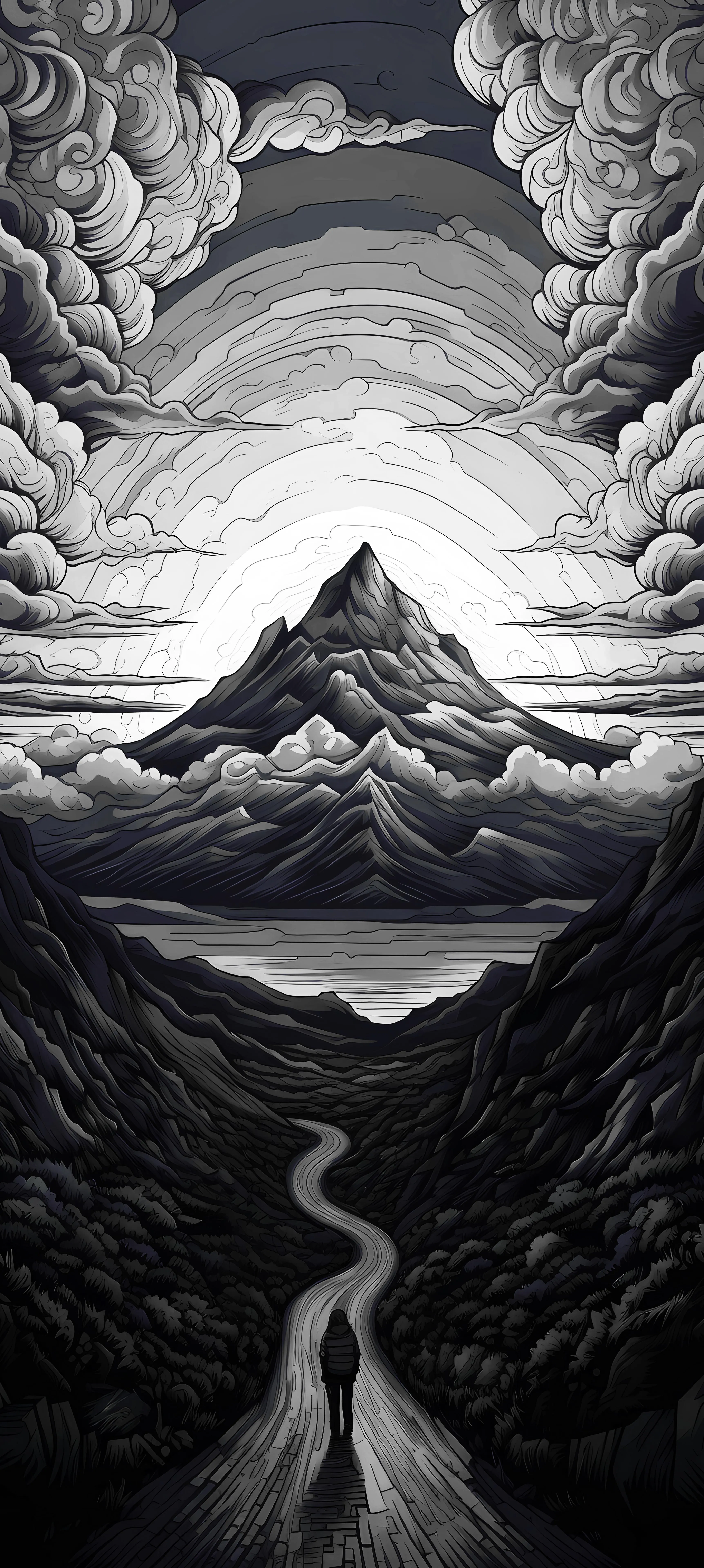 Monochrome Mountain Landscape with River Path View Artwork
