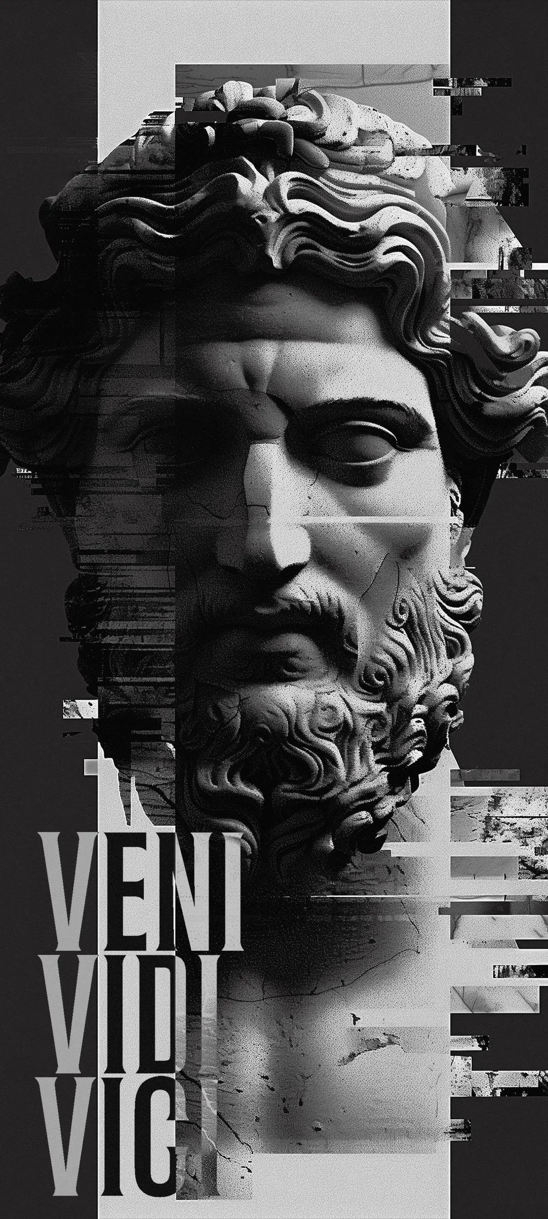 Monochrome Statue Head with Bold Typography Design