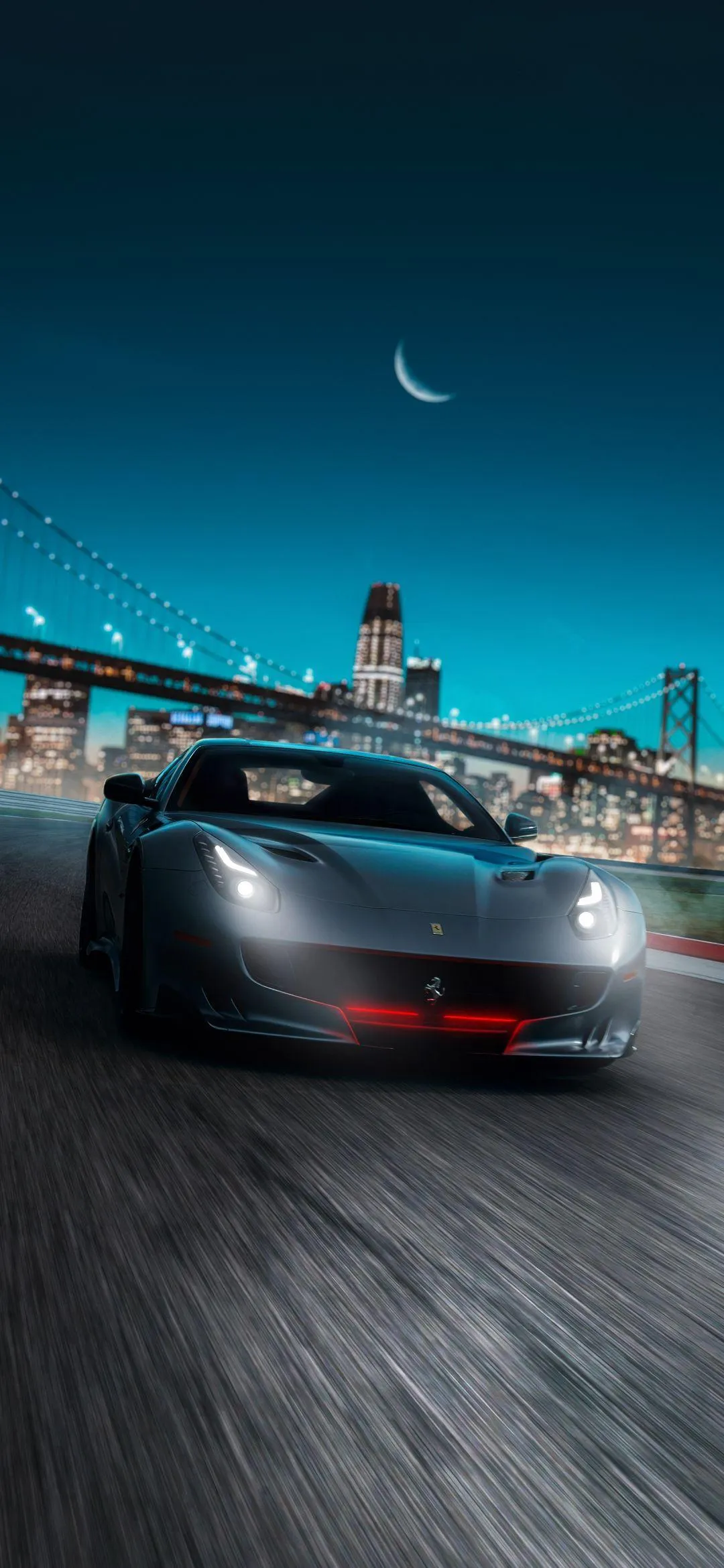 Motion Blur Cityscape at Night with Blue Moon Sky and Car