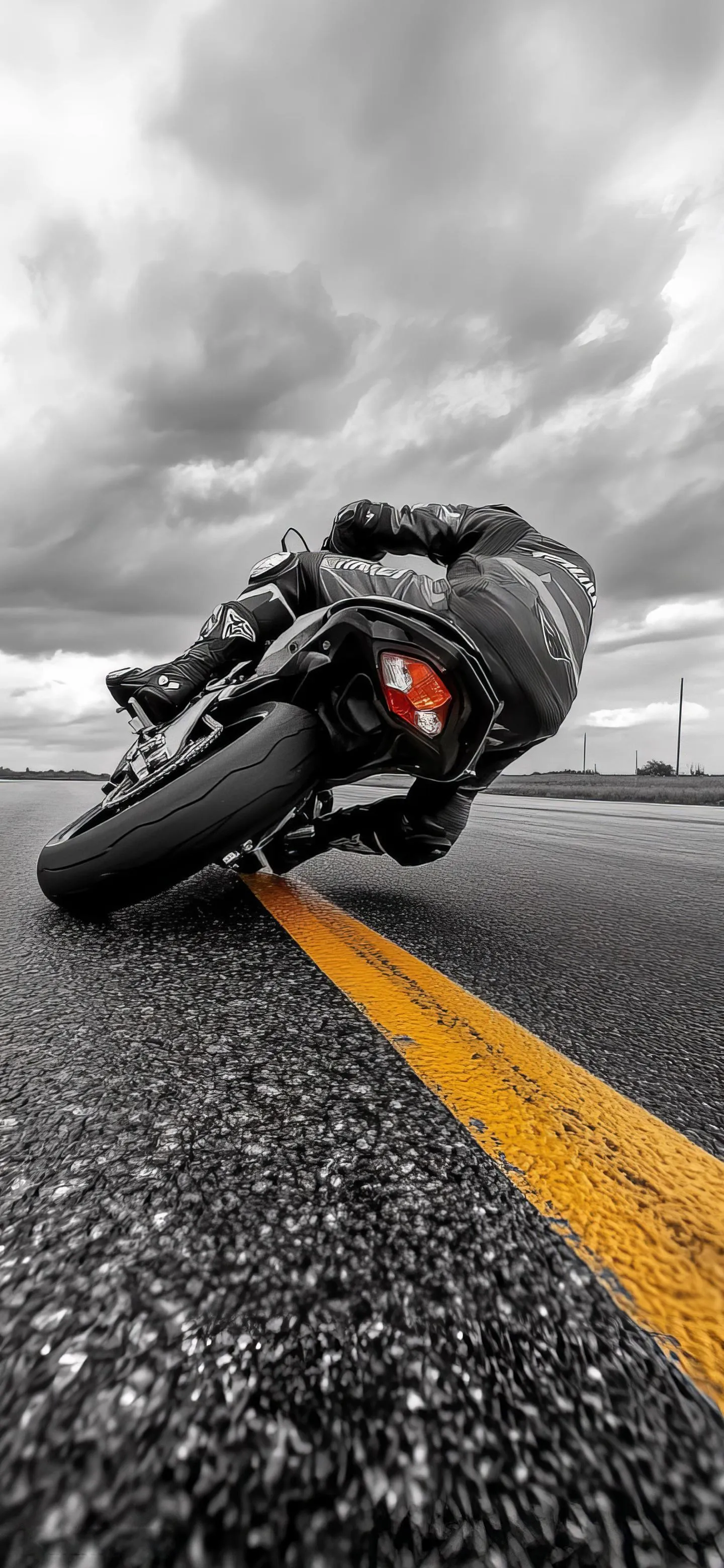 Motorcyclist Leaning into Turn on Asphalt Road Closeup
