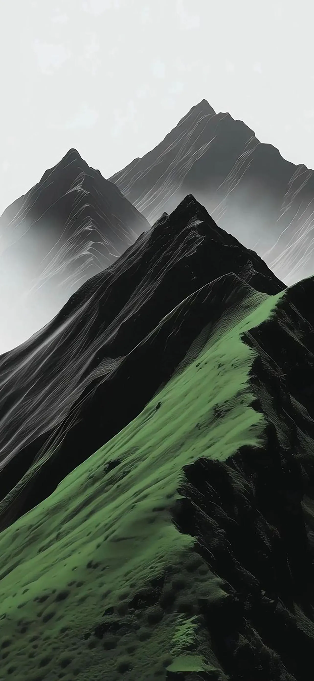 Mountain Peaks with Green Forest and Misty Sky Wallpaper