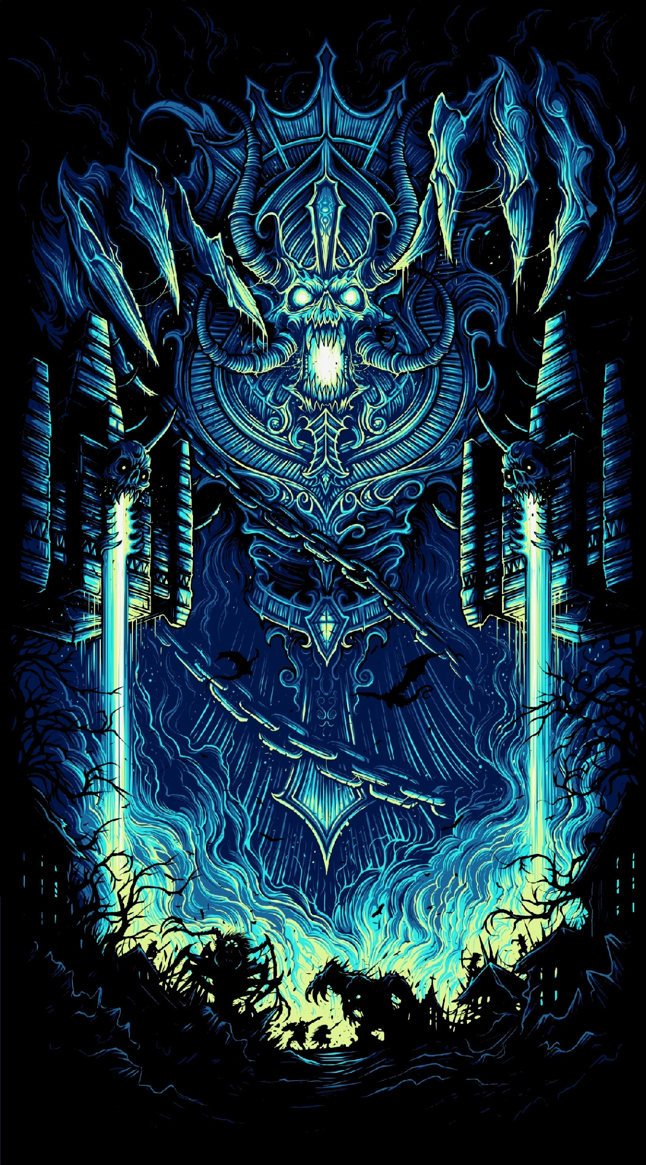 Mysterious Blue Creature with Glowing Eyes in Dark Forest