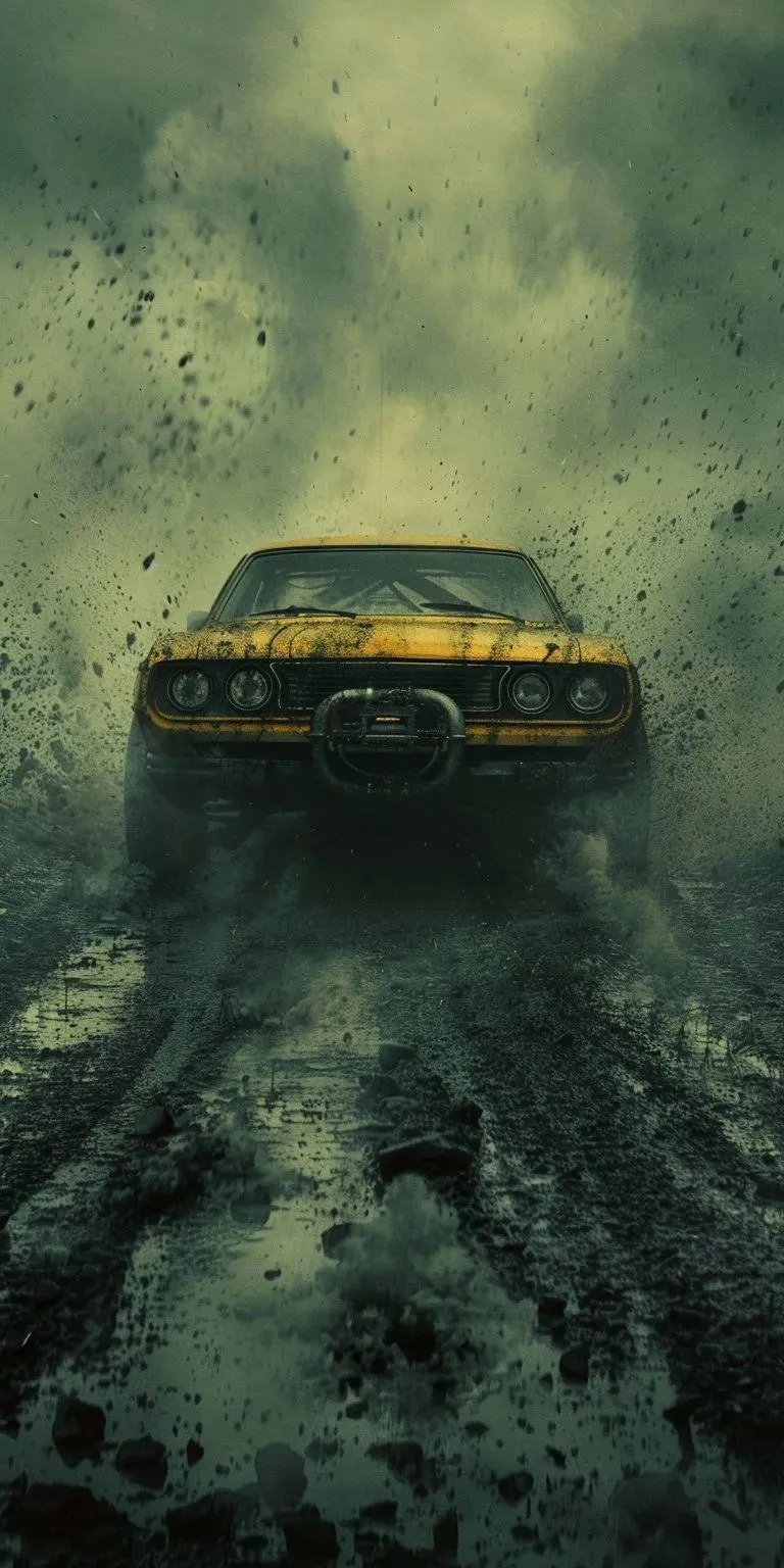 Mysterious Car Driving on Wet Dark Forest Road Wallpaper