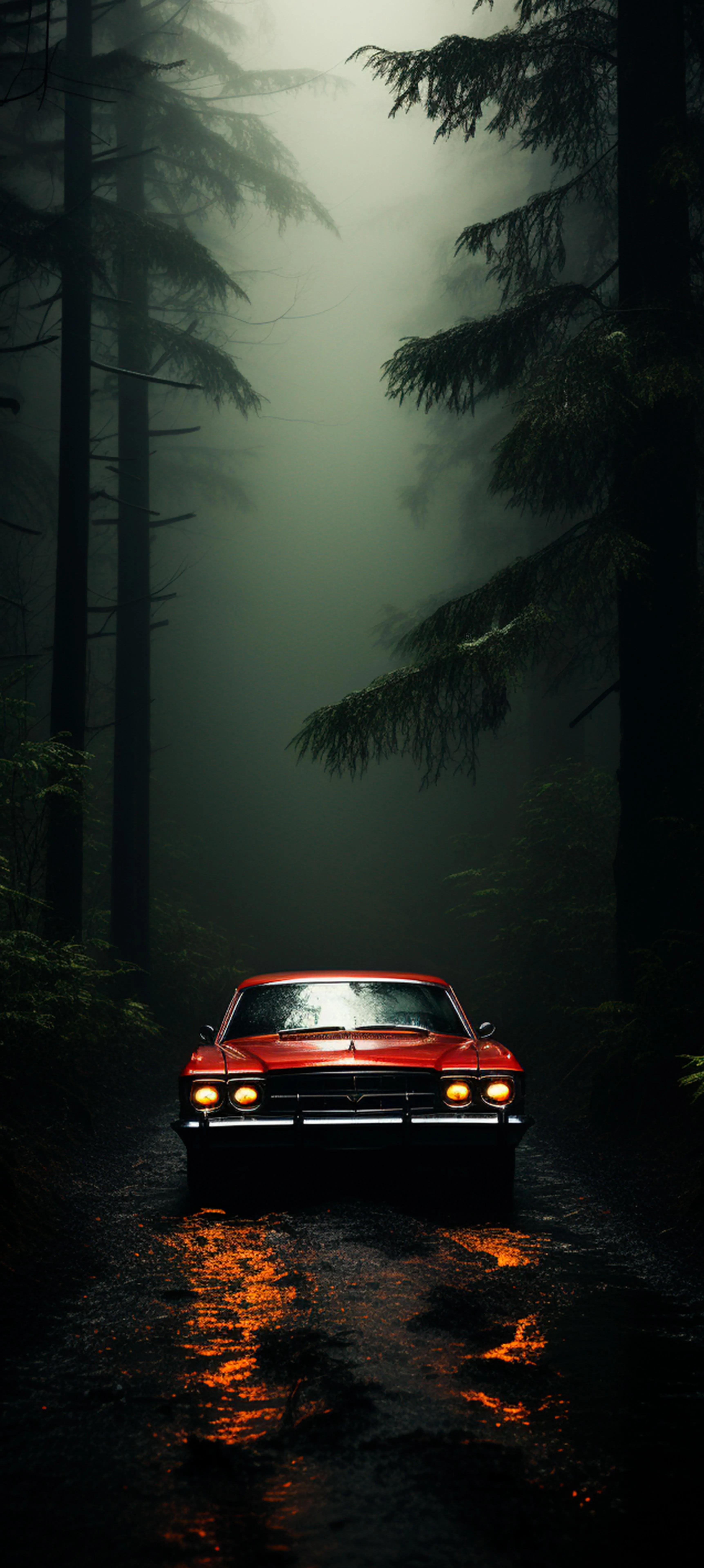 Mysterious Car Driving Through Dense Foggy Forest Road