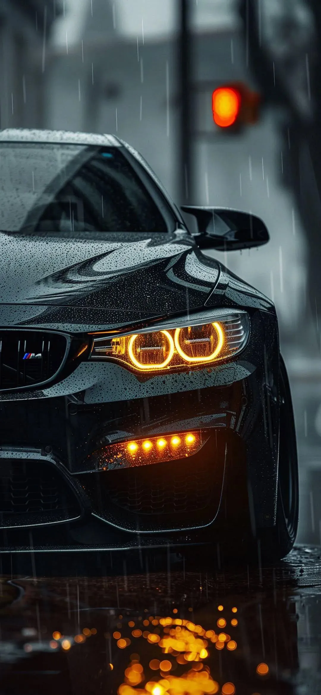 Mysterious Car with Glowing Eyes in Rainy Night Street