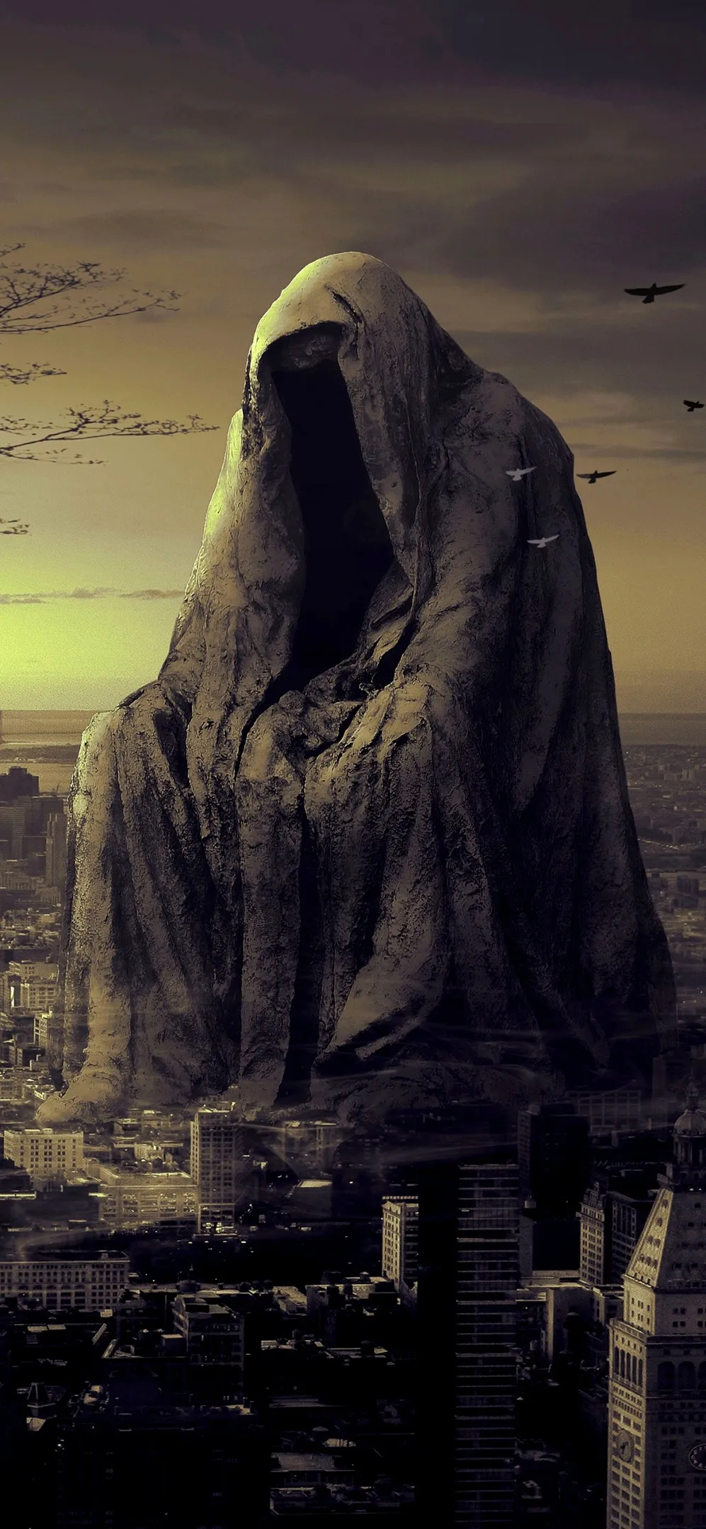 Mysterious Cloaked Figure Statue in Mist for Pixel 9 Pro