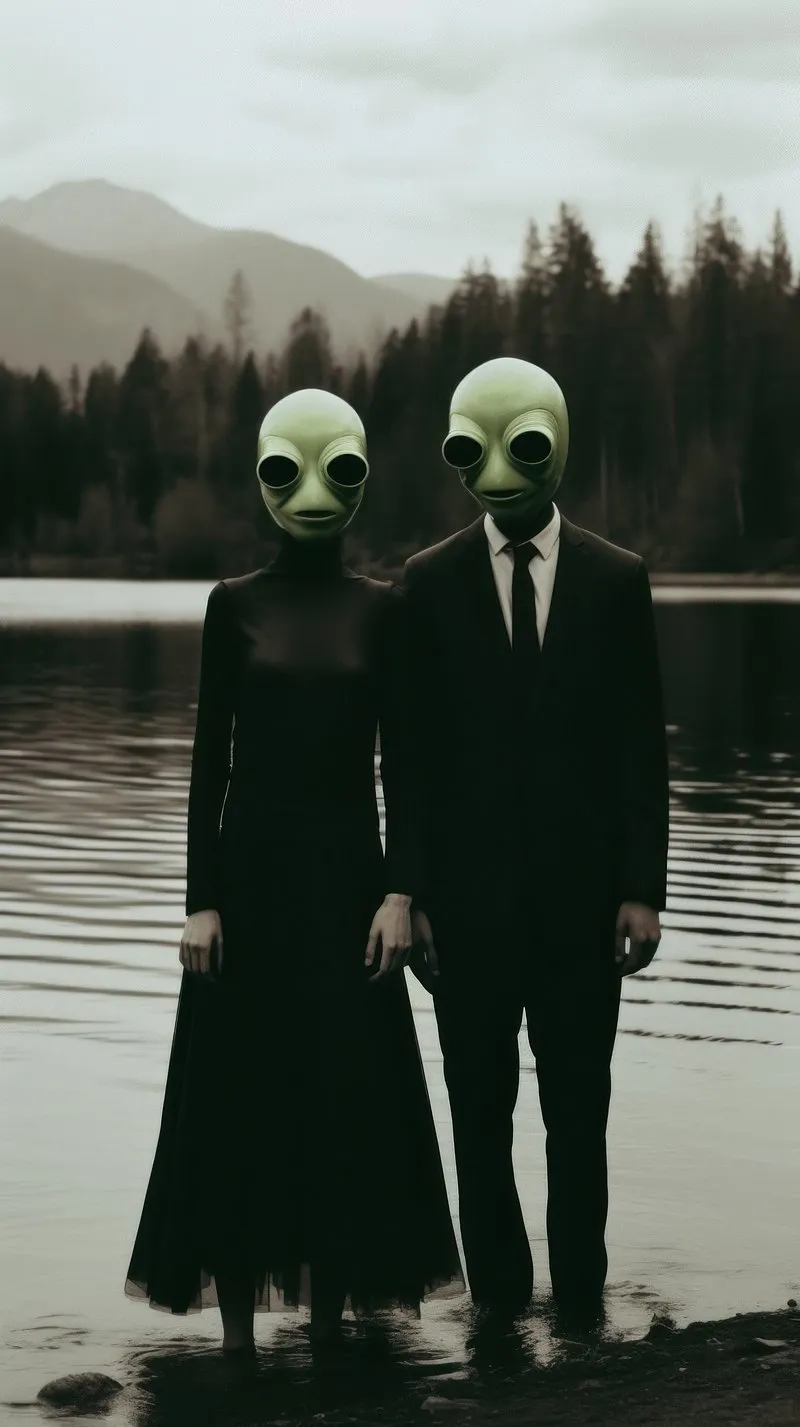Mysterious Couple Standing Together by a Lake Wallpaper