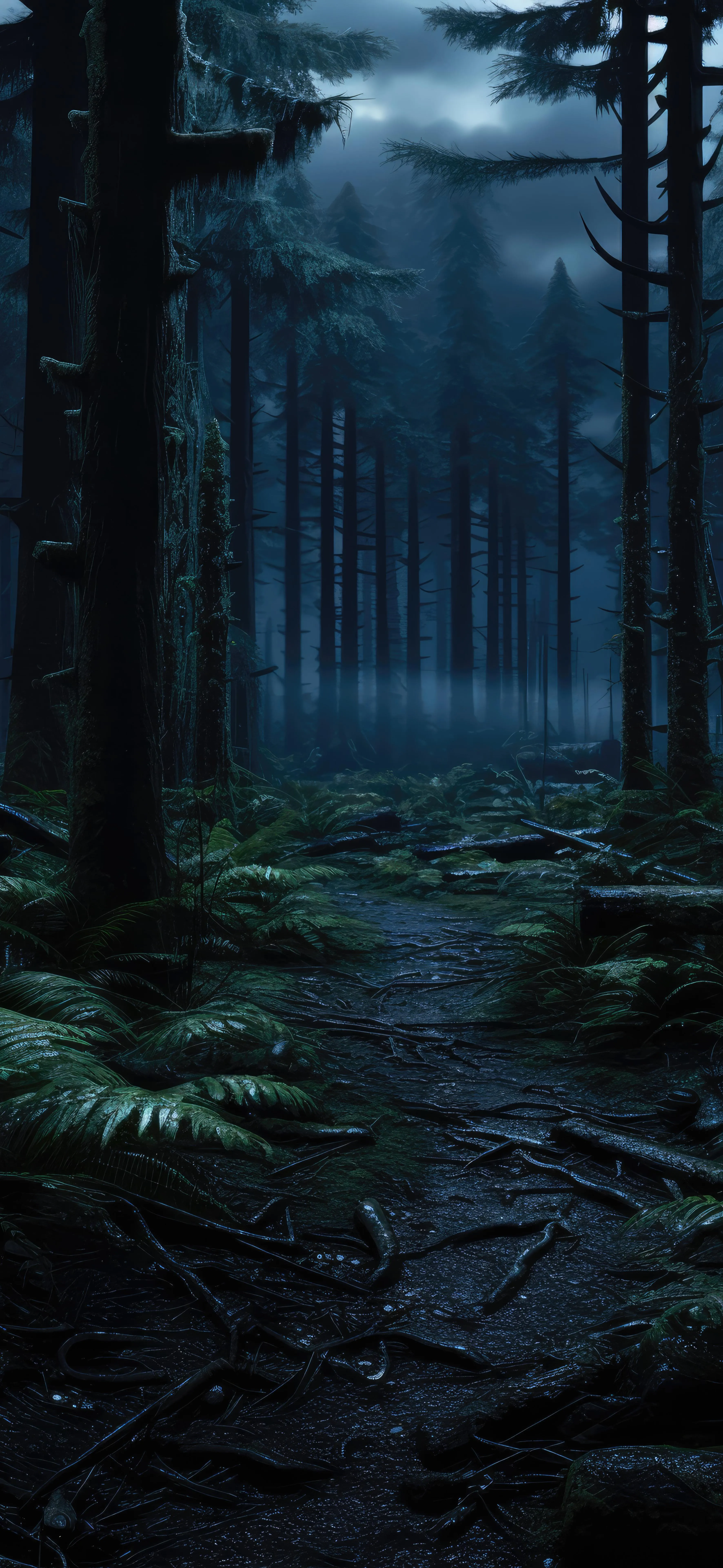 Mysterious Dark Forest with Soft Light and Mist Wallpaper