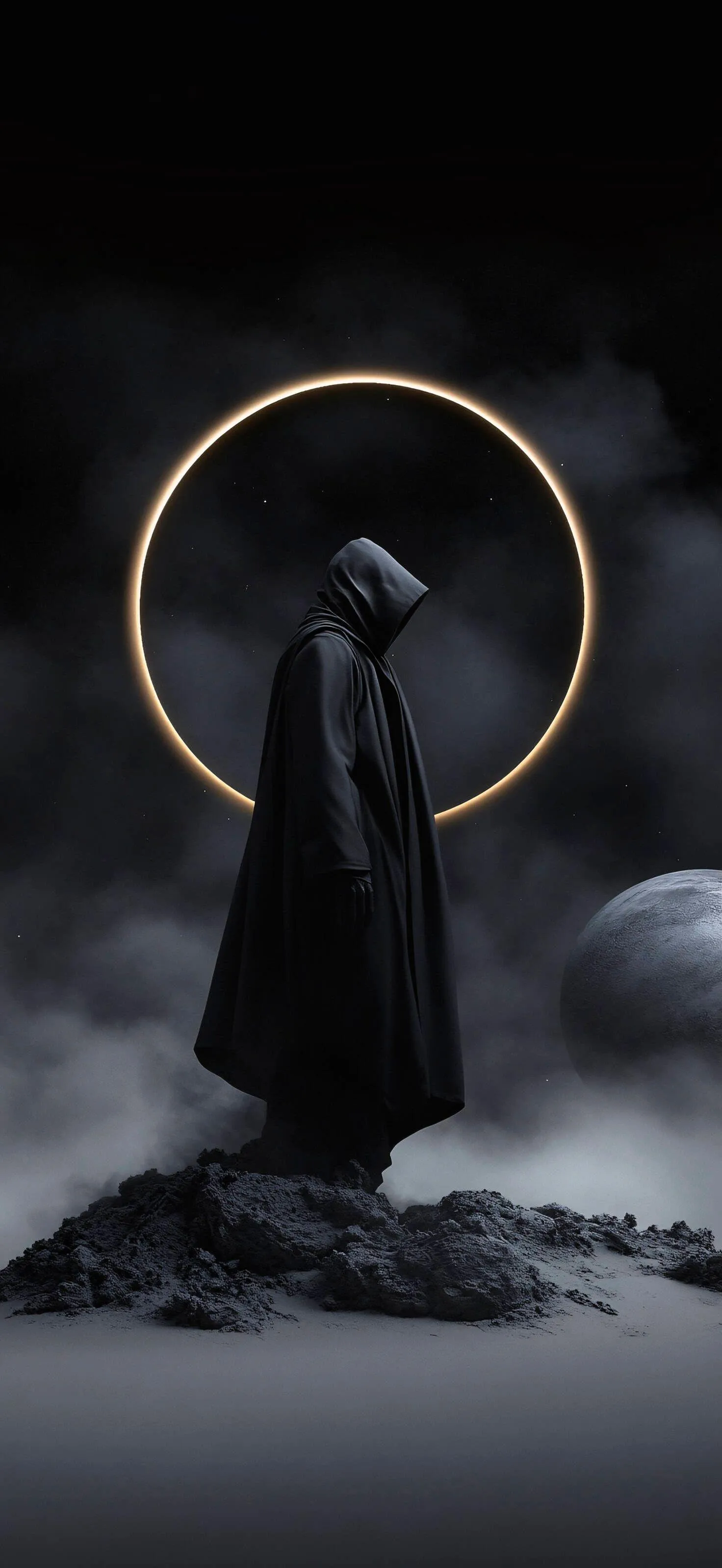Mysterious Figure in Black Robe with Glowing Halo Wallpaper