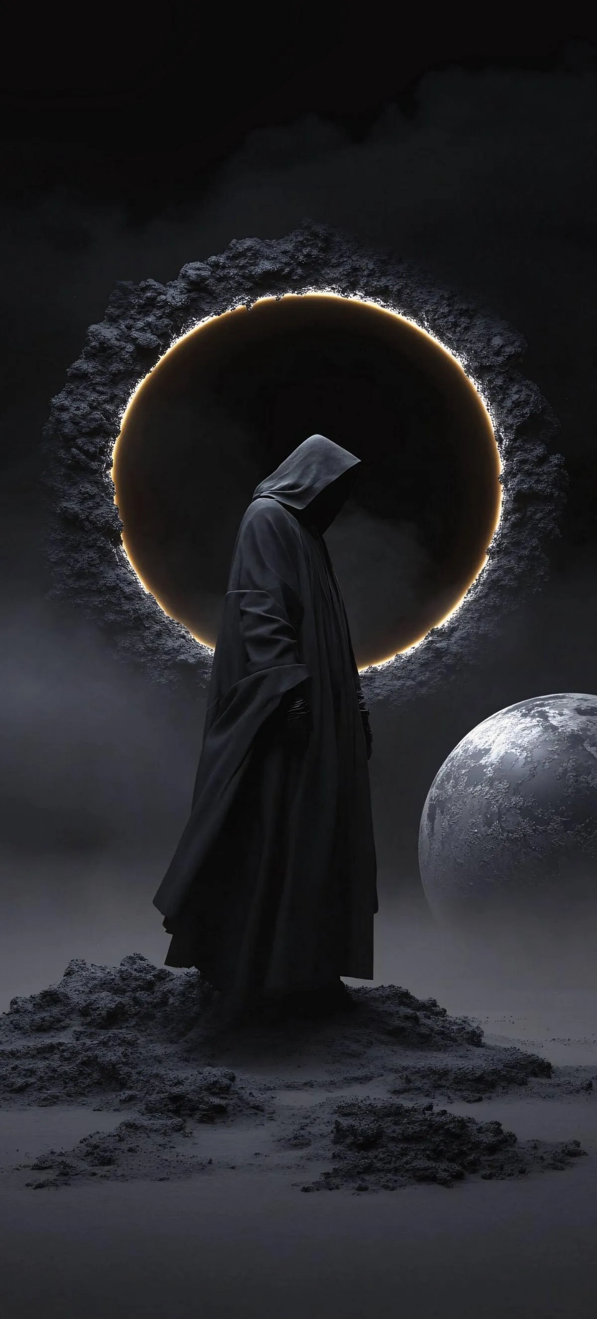 Mysterious Figure in Black Standing in Moonlight Wallpaper