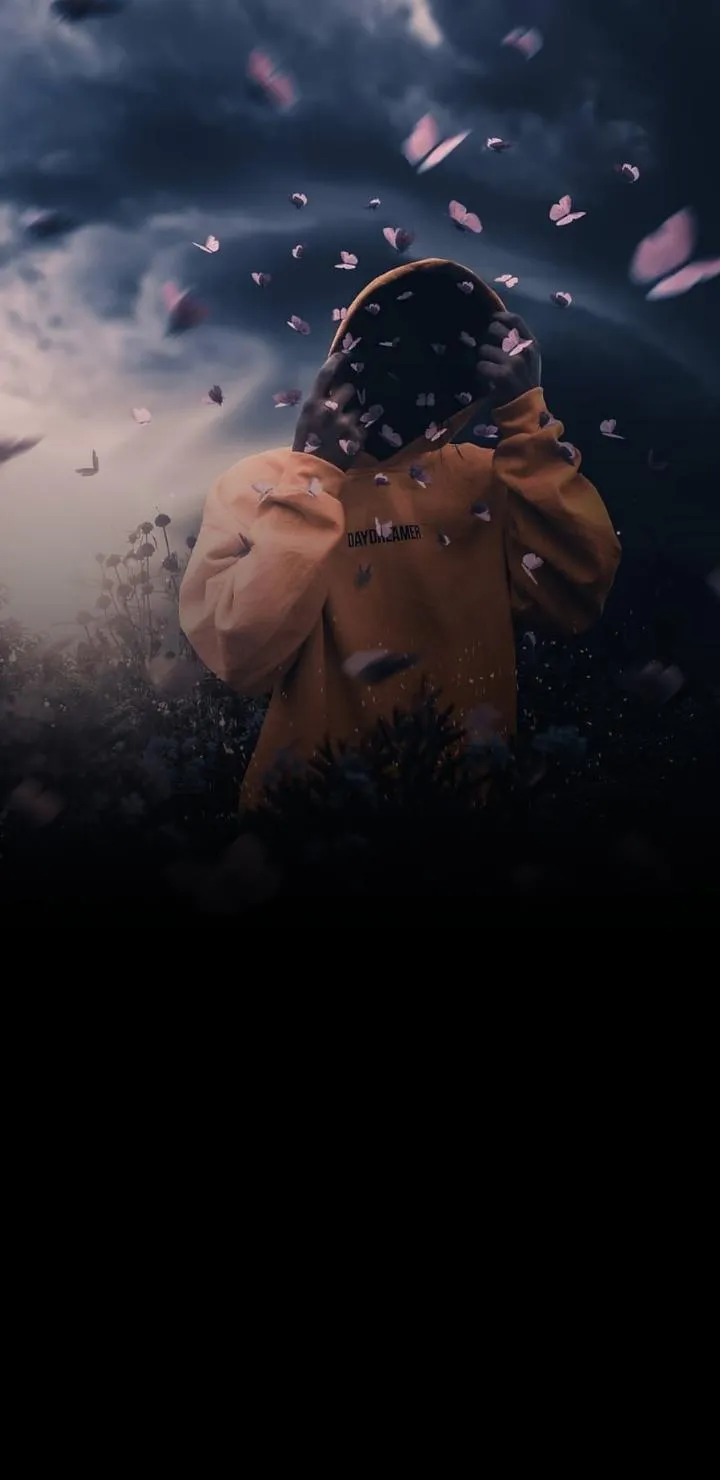 Mysterious Figure Under Stormy Sky with Butterflies