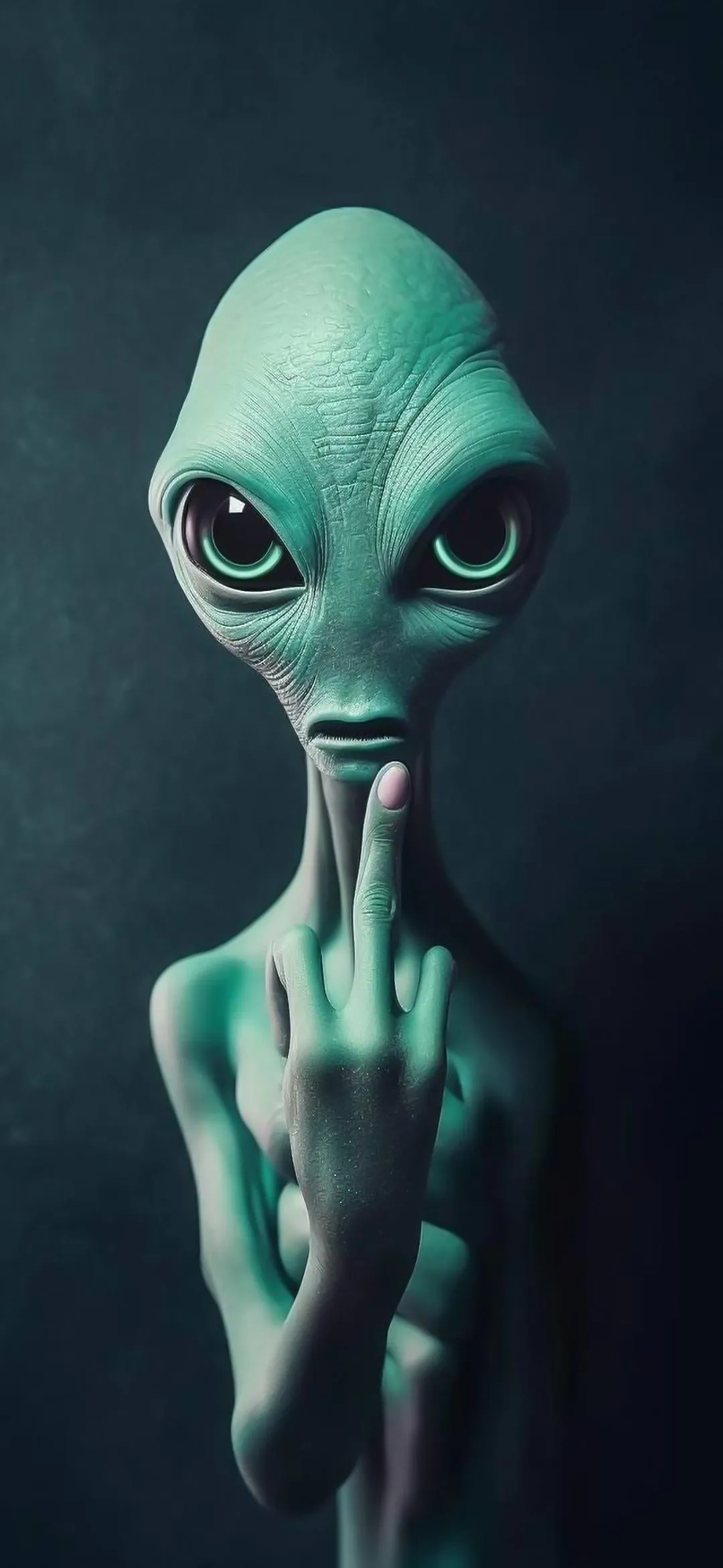 Mysterious Green Alien Portrait with Dark Background Image