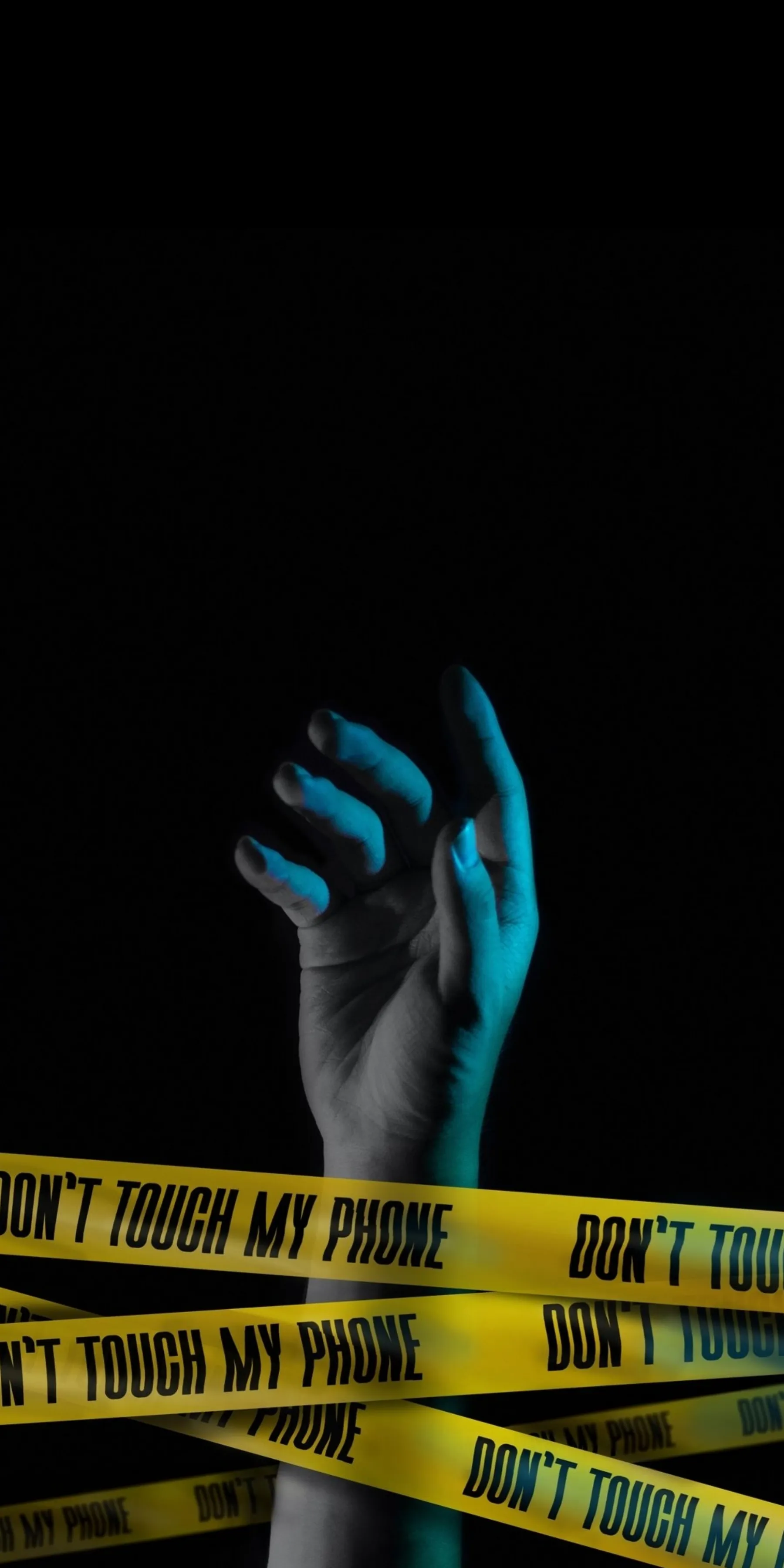 Mysterious Hand Wrapped in Warning Tape Under Blue Light