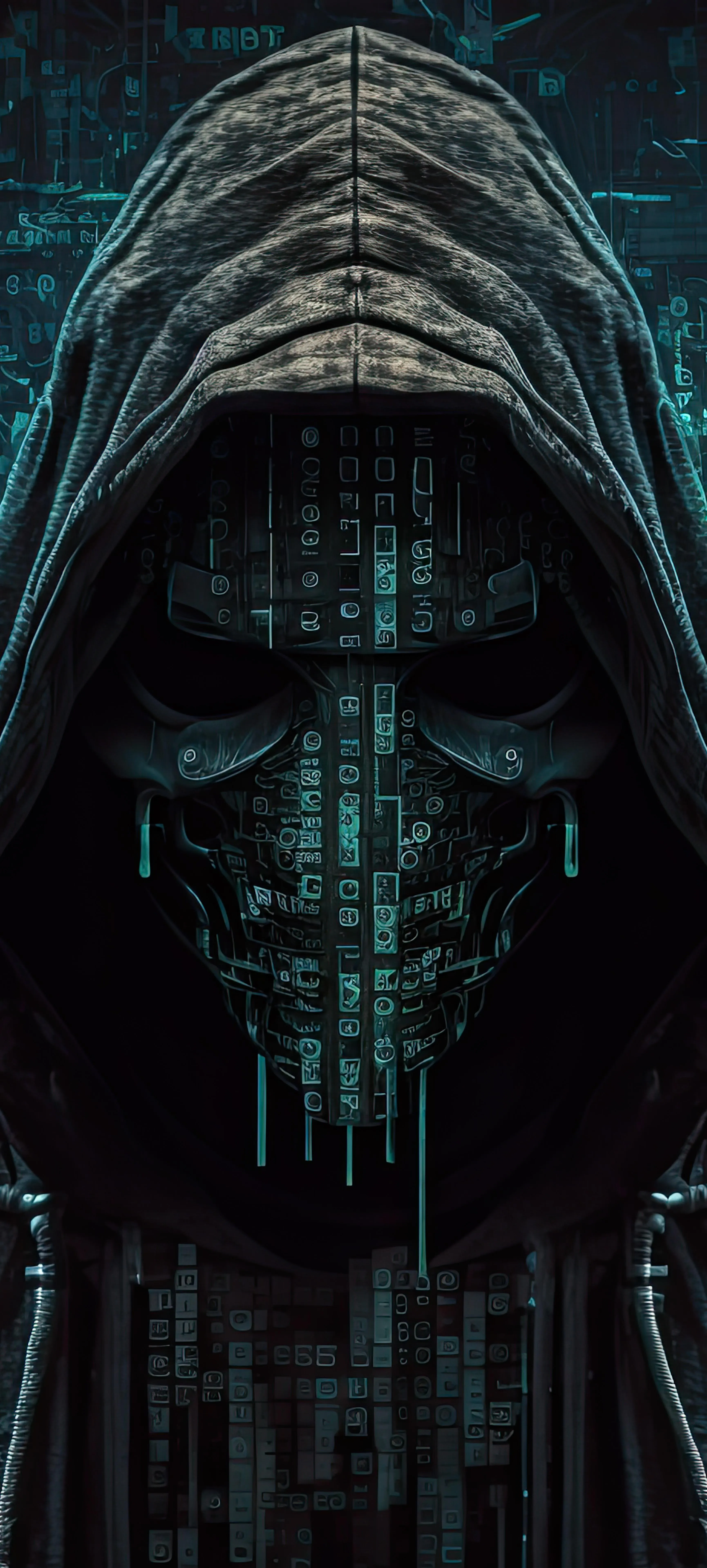 Mysterious Hooded Figure in Digital Matrix Style Wallpaper