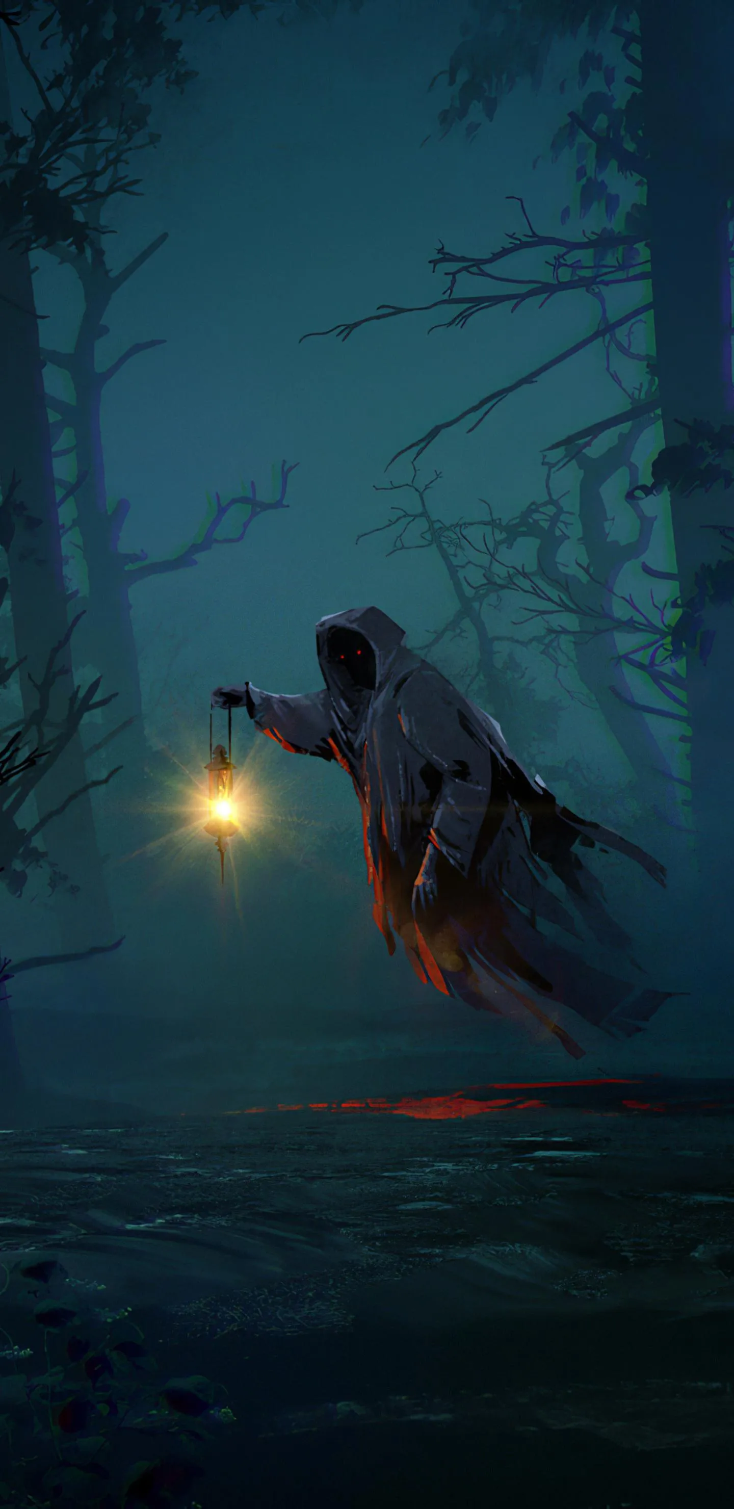 Mysterious Hooded Figure Wanders Through Dark Forest