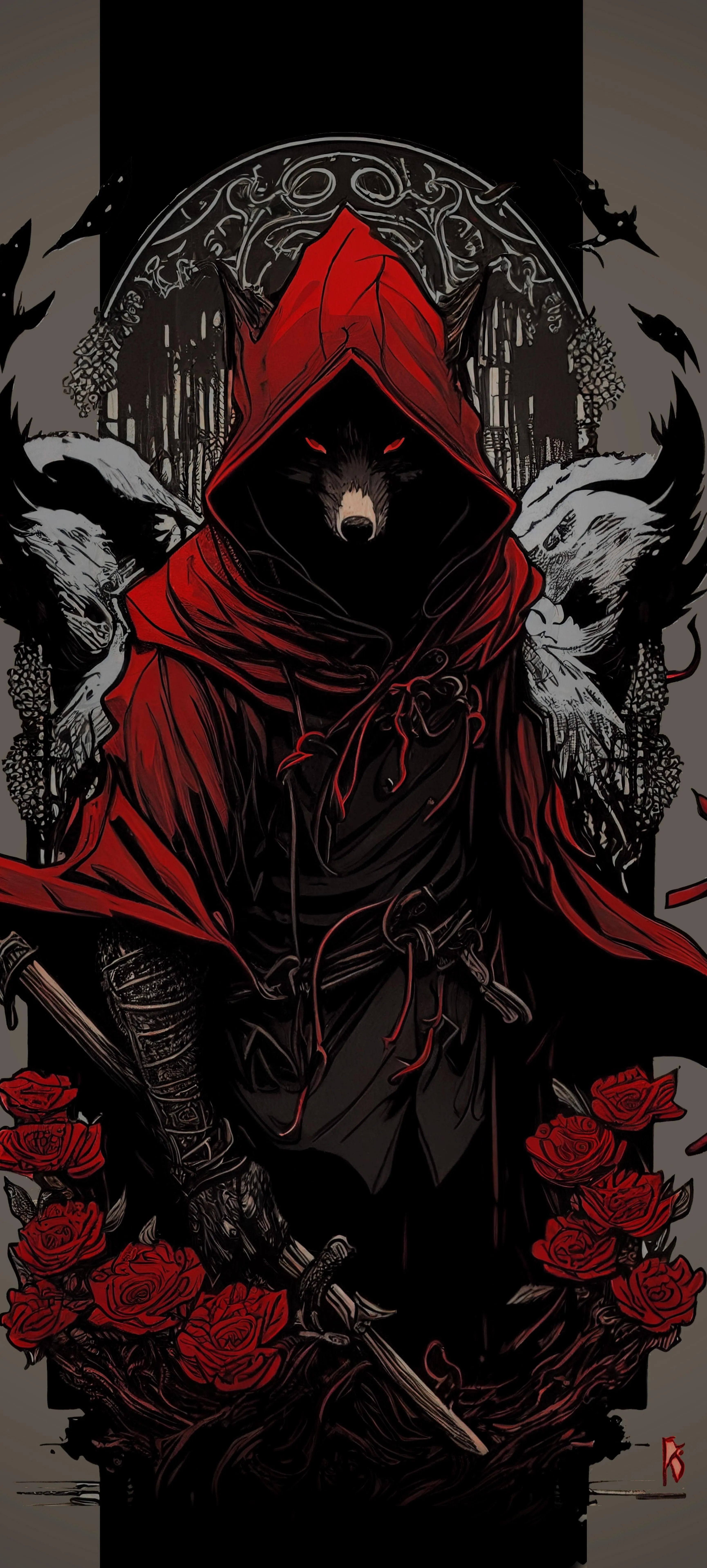 Mysterious Hooded Figure with Dark Red and Black Background