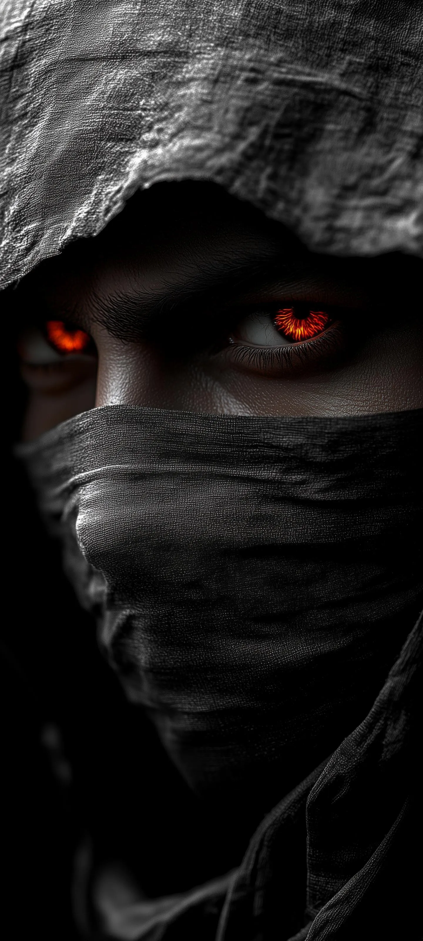 Mysterious Hooded Figure with Red Eyes in Darkness Wallpaper