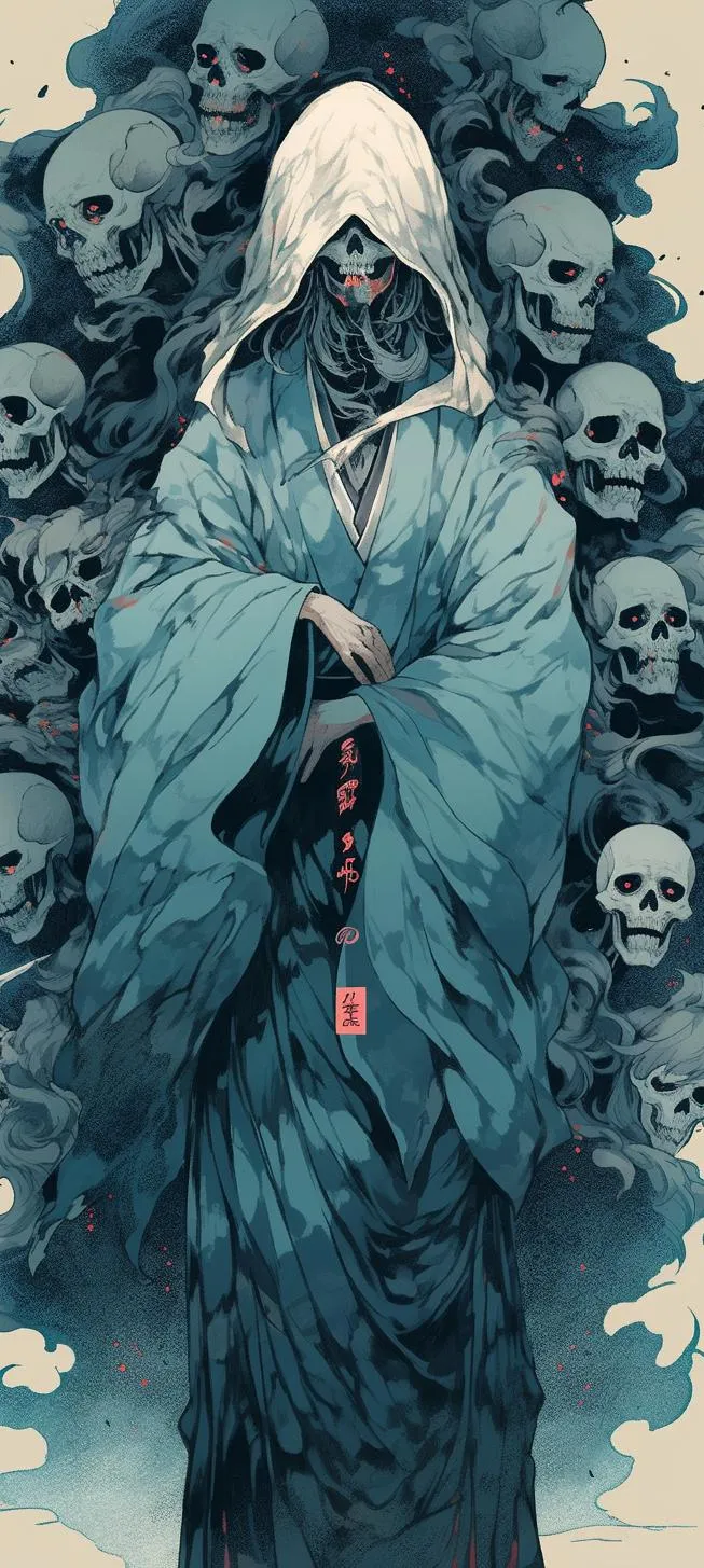 Mysterious Hooded Spirit Surrounded by Haunting Skulls