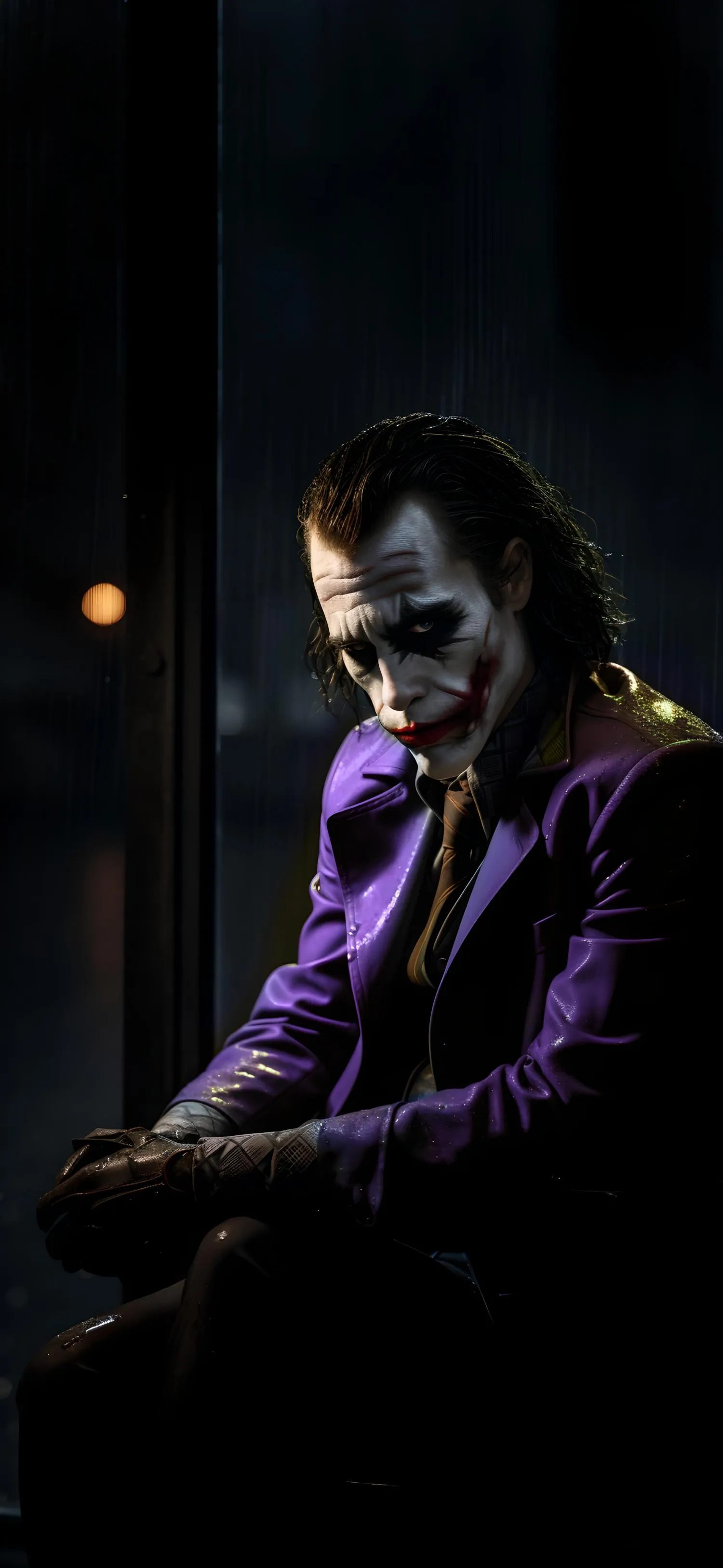 Mysterious Joker Sitting in Dark Dramatic Light Wallpaper