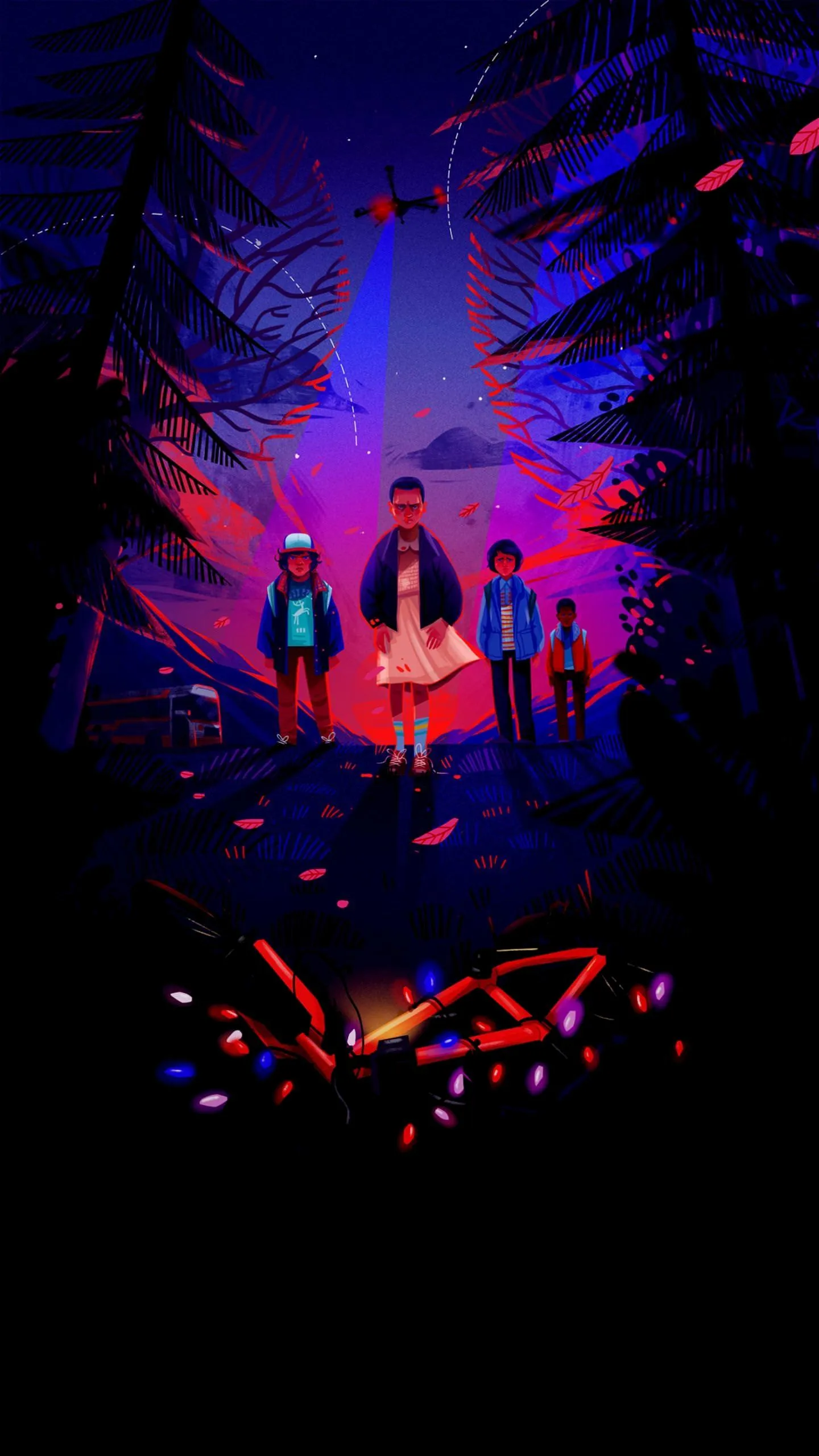 Mysterious Kids in Forest Surrounded by Neon Light Trails