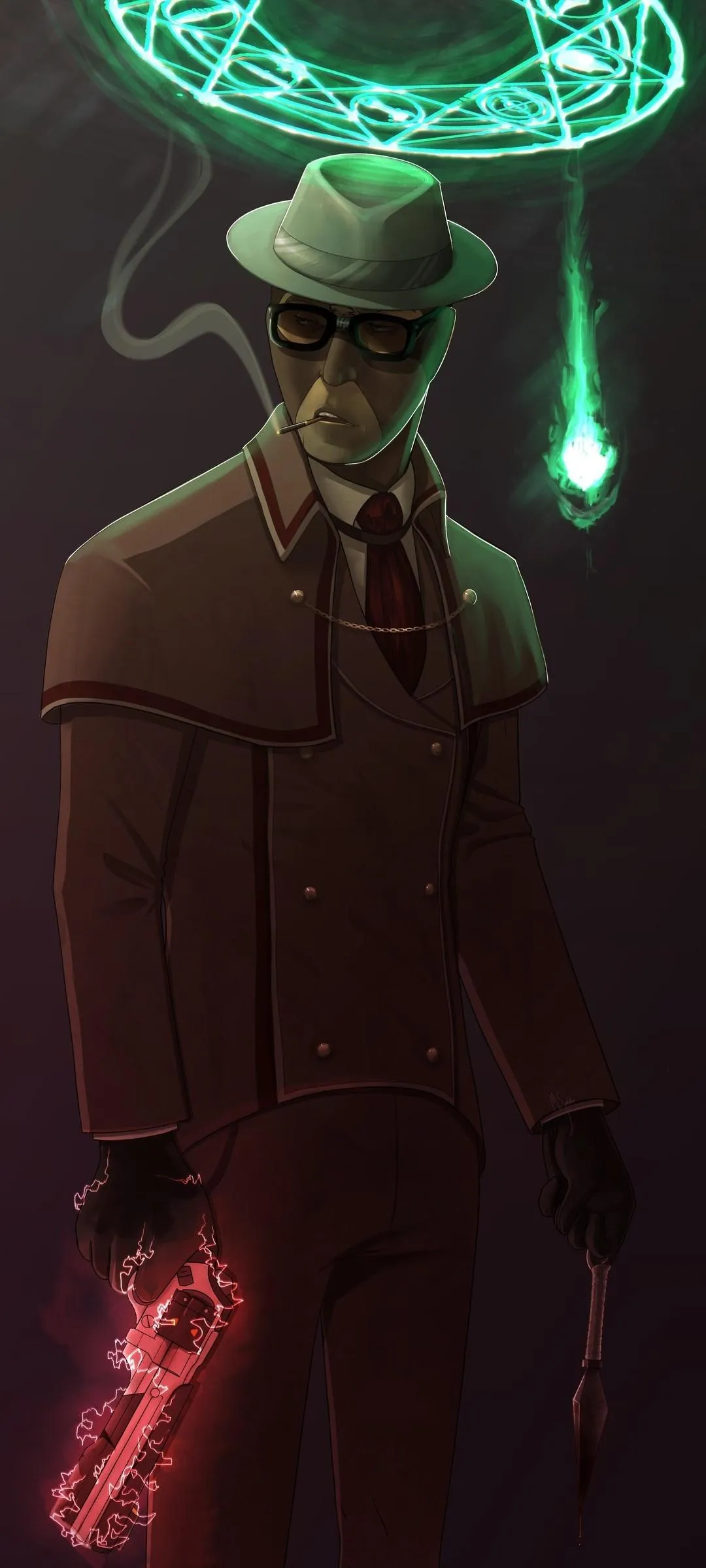 Mysterious Man Wielding Magic with Glowing Red Weapon