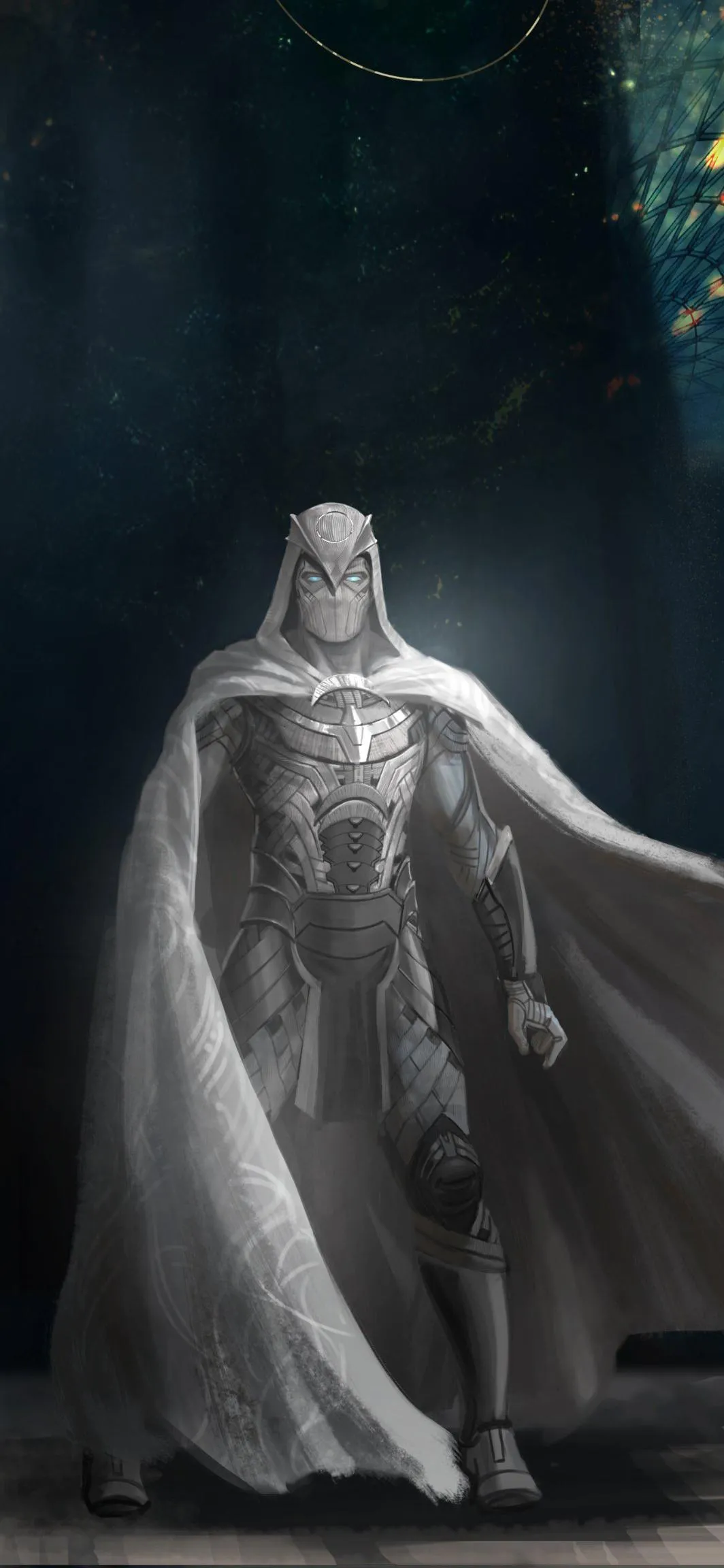 Mysterious Moon Warrior in Silver Armor Stands Tall