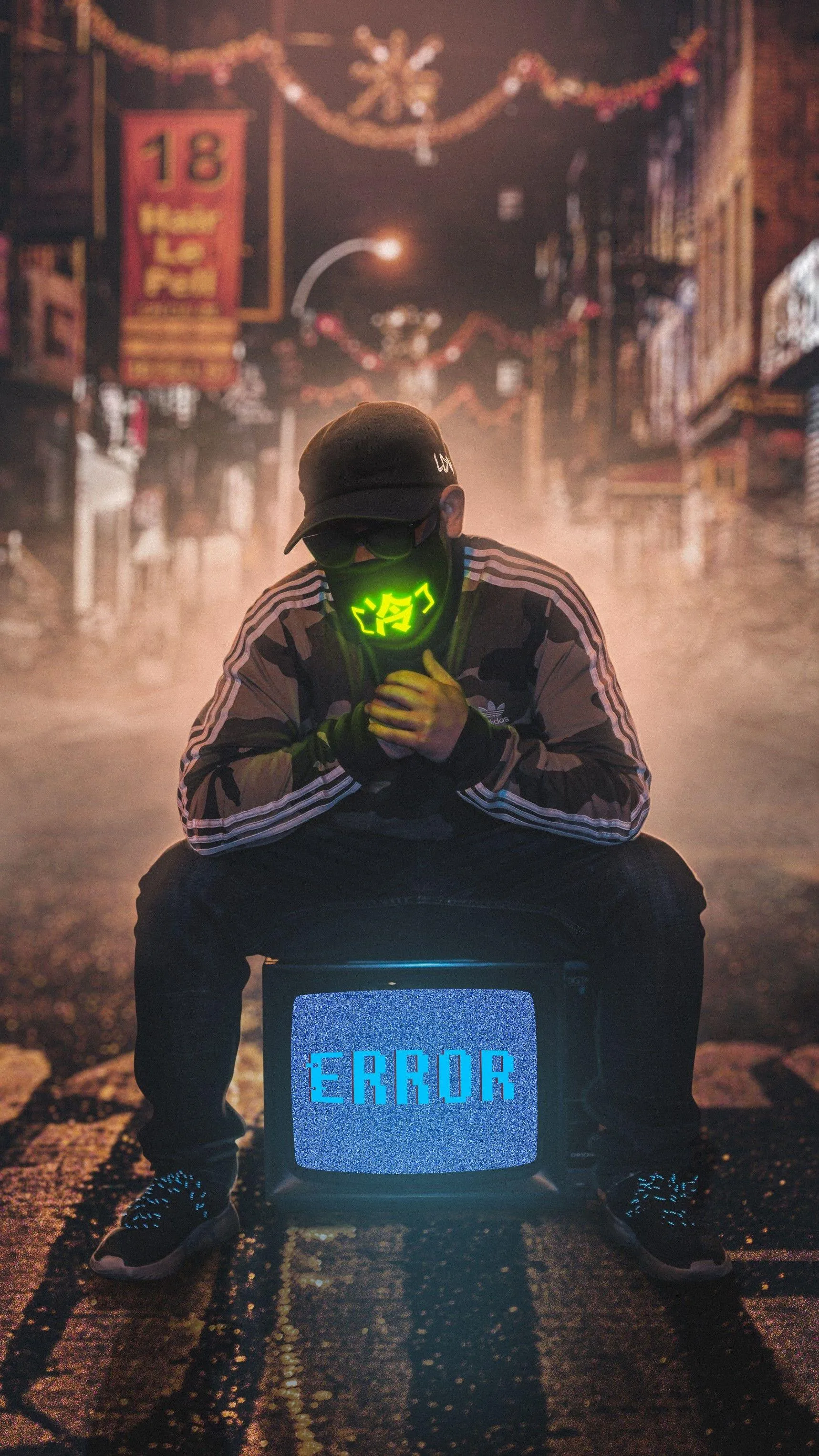 Mysterious Neon Masked Figure Sitting Over GlitchScreen