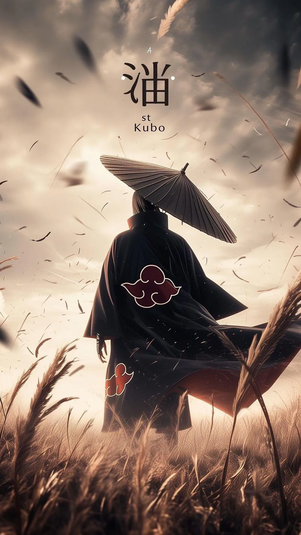 Mysterious Ninja in Akatsuki Cloak in Grassy Field Wallpaper