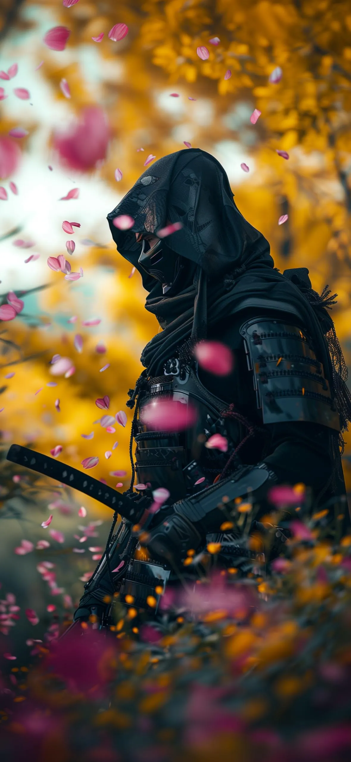 Mysterious Samurai Warrior in Autumn Flower Forest Wallpaper