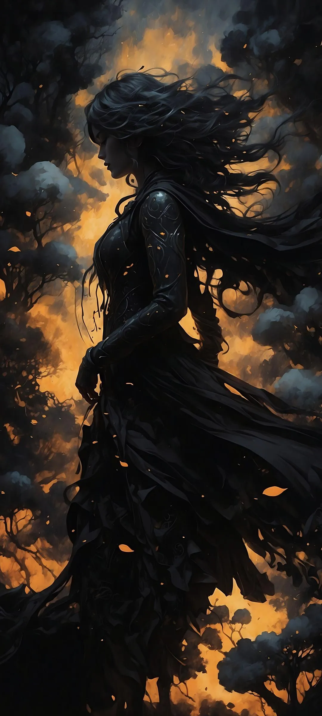 Mysterious Warrior Woman in a Fiery Dark Forest Wallpaper