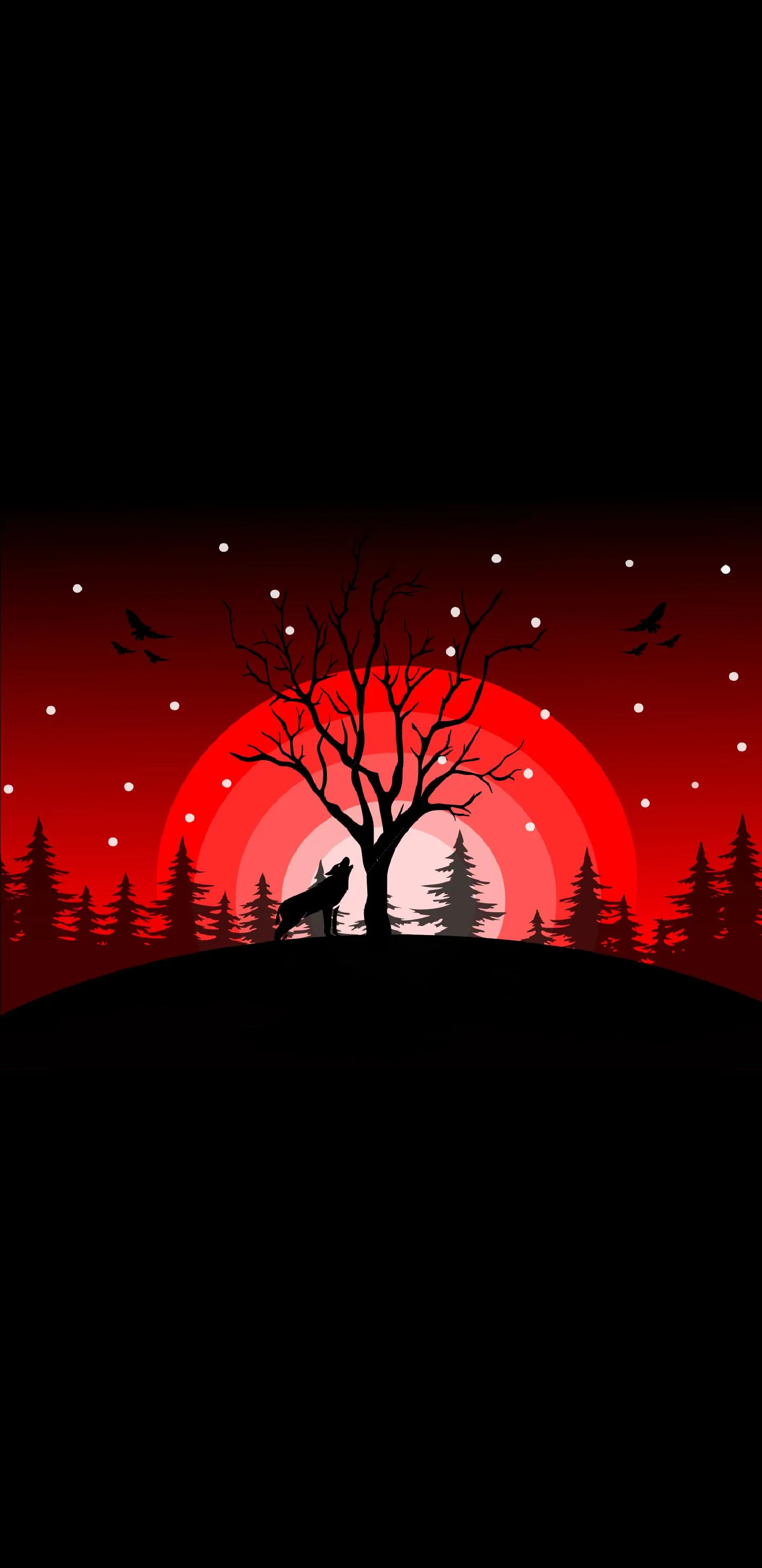 Mysterious Wolf and Tree Under Red Moon in Foggy Night