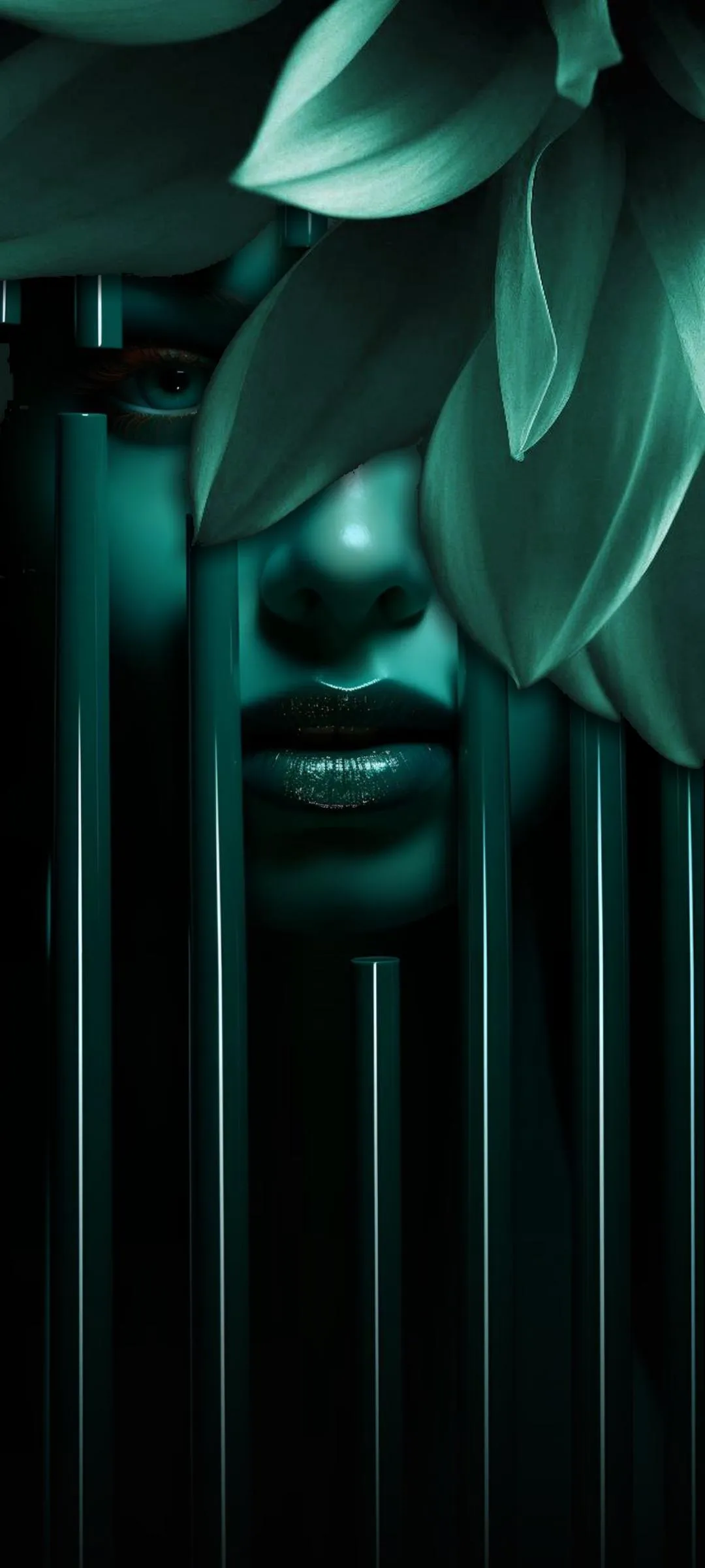 Mysterious Woman Face Hidden in Dark Green Shadows